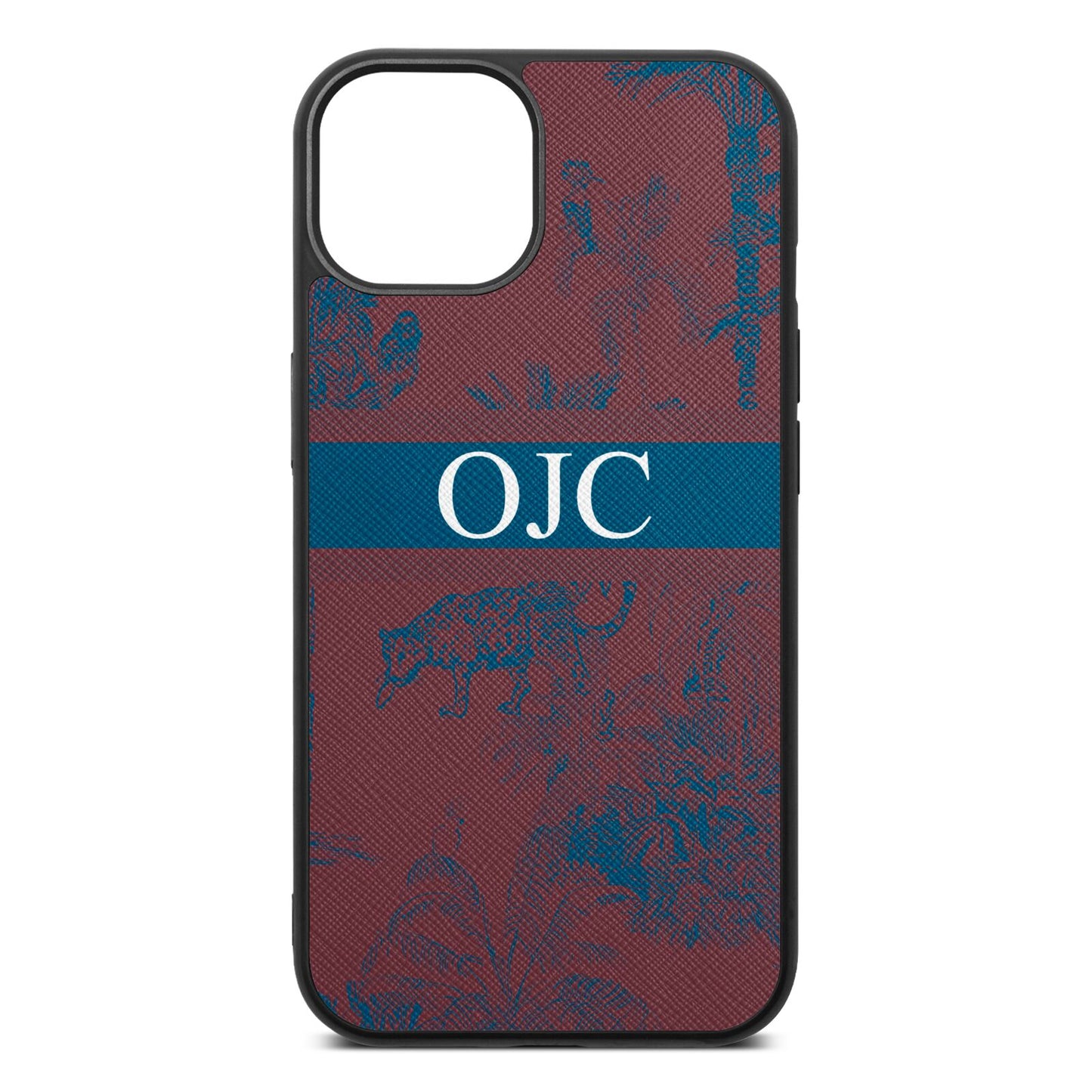 Personalised Tropical Toile Rose Brown Saffiano Leather iPhone 13 Case