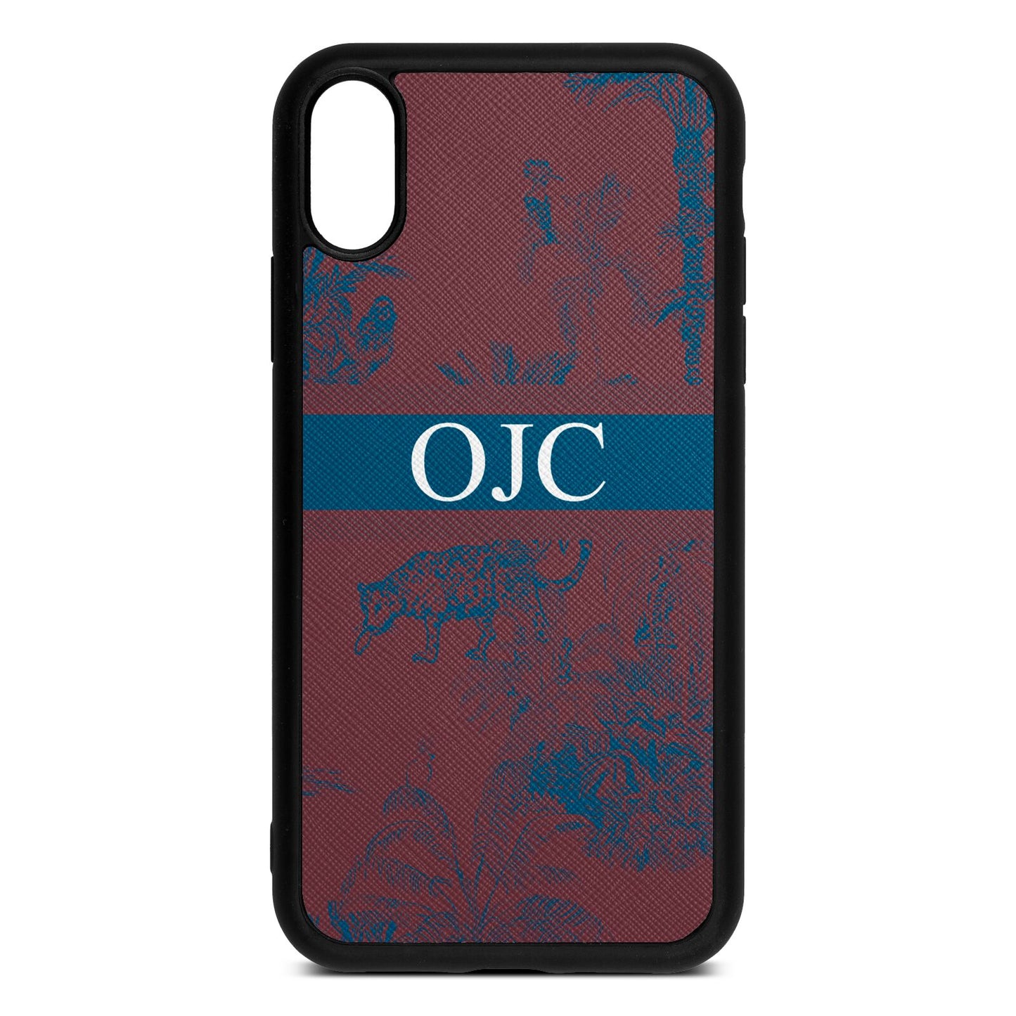 Personalised Tropical Toile Rose Brown Saffiano Leather iPhone Xr Case