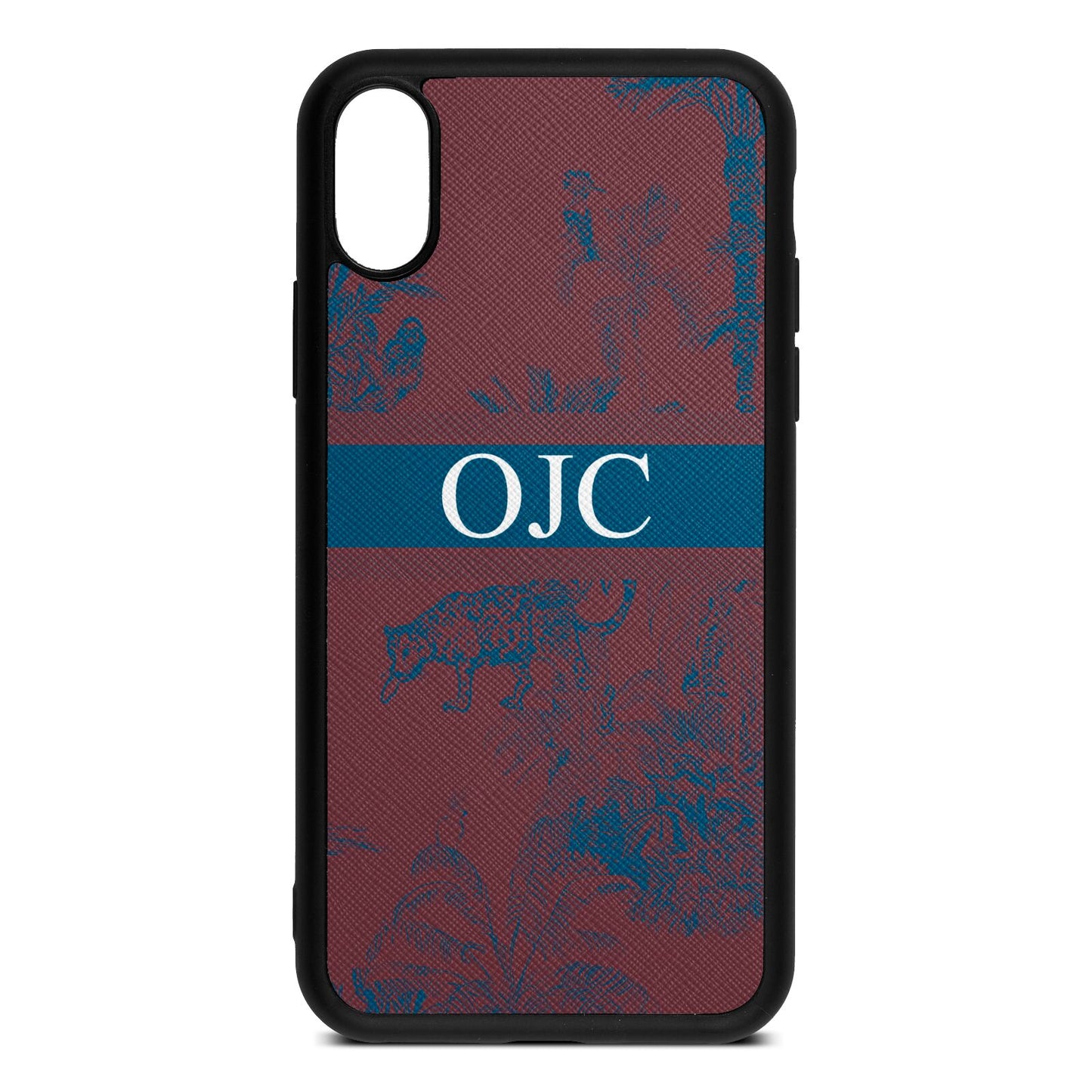 Personalised Tropical Toile Rose Brown Saffiano Leather iPhone Xs Case
