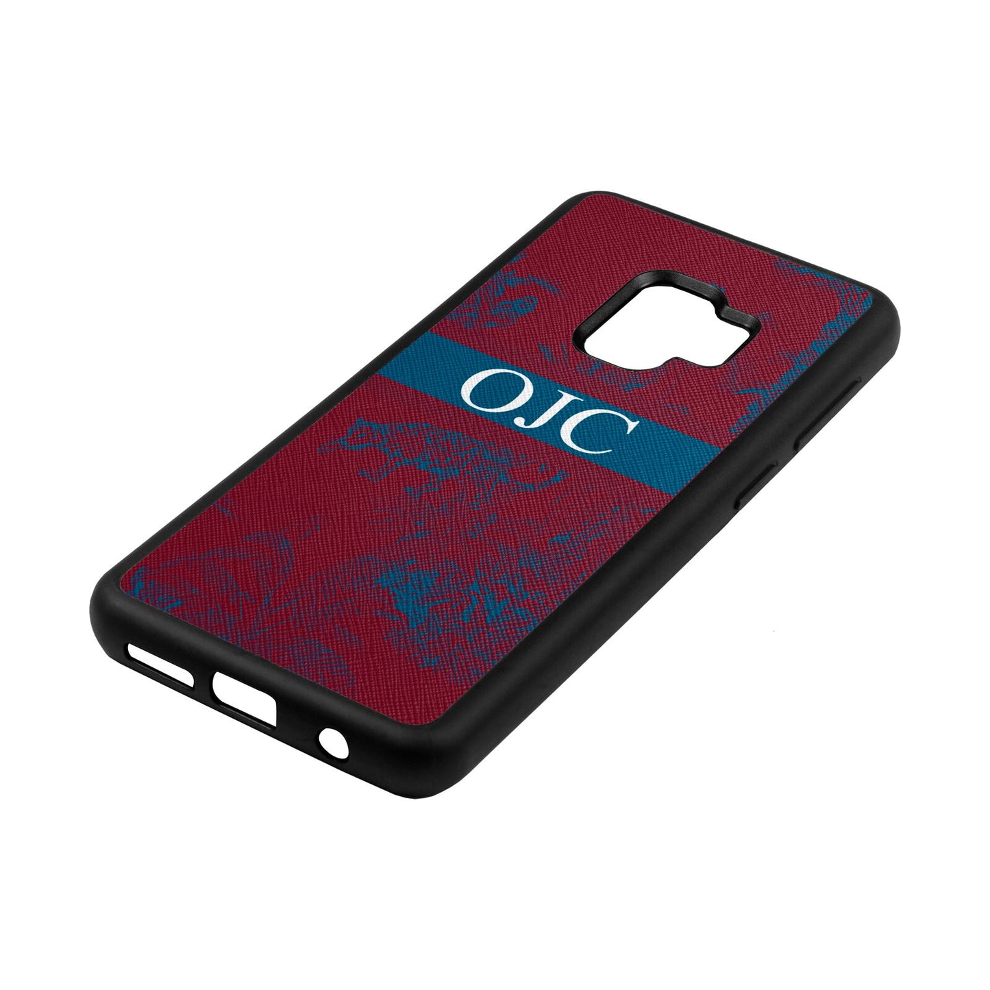 Personalised Tropical Toile Wine Red Saffiano Leather Samsung S9 Case Side Angle