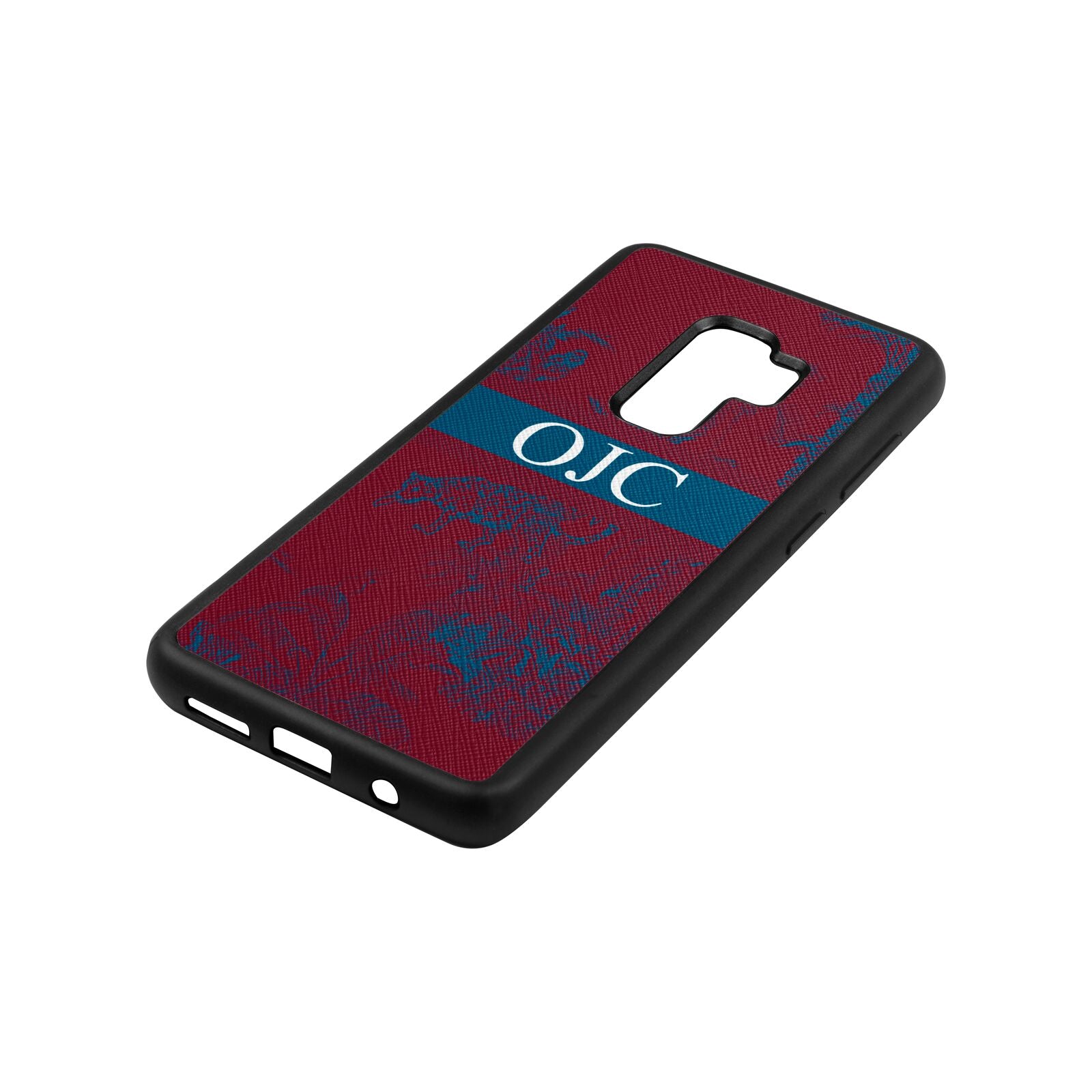 Personalised Tropical Toile Wine Red Saffiano Leather Samsung S9 Plus Case Side Angle