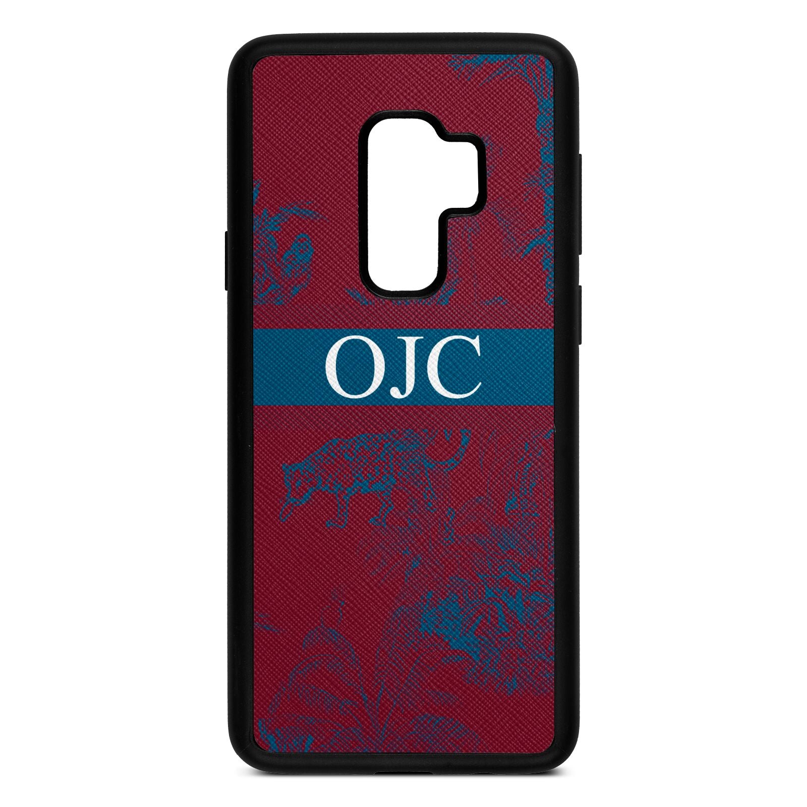 Personalised Tropical Toile Wine Red Saffiano Leather Samsung S9 Plus Case