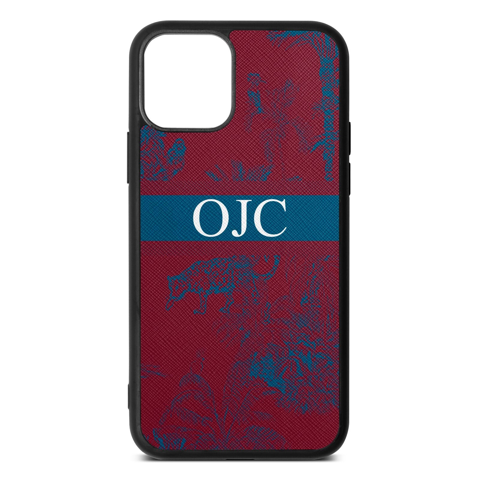 Personalised Tropical Toile Wine Red Saffiano Leather iPhone 11 Case