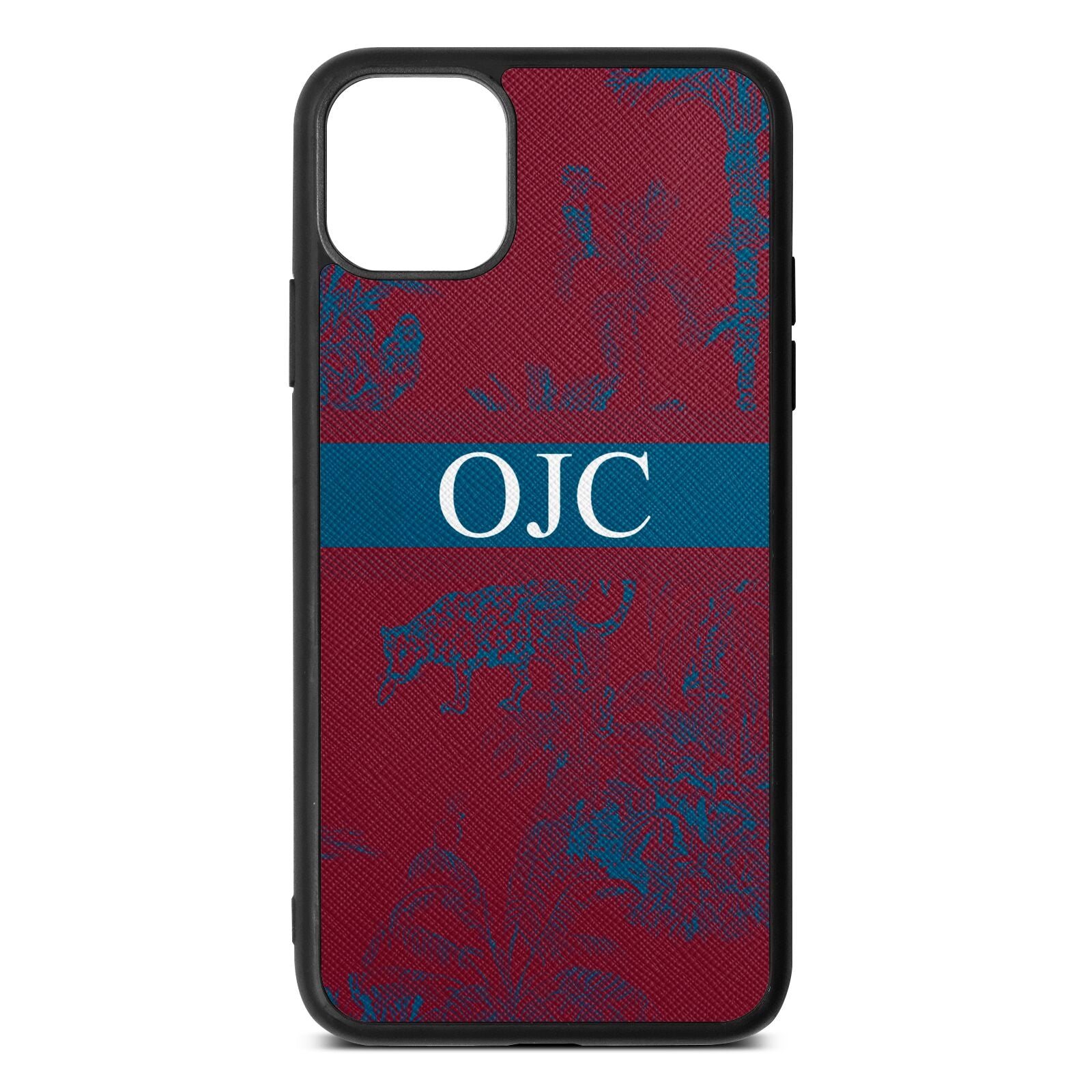 Personalised Tropical Toile Wine Red Saffiano Leather iPhone 11 Pro Max Case