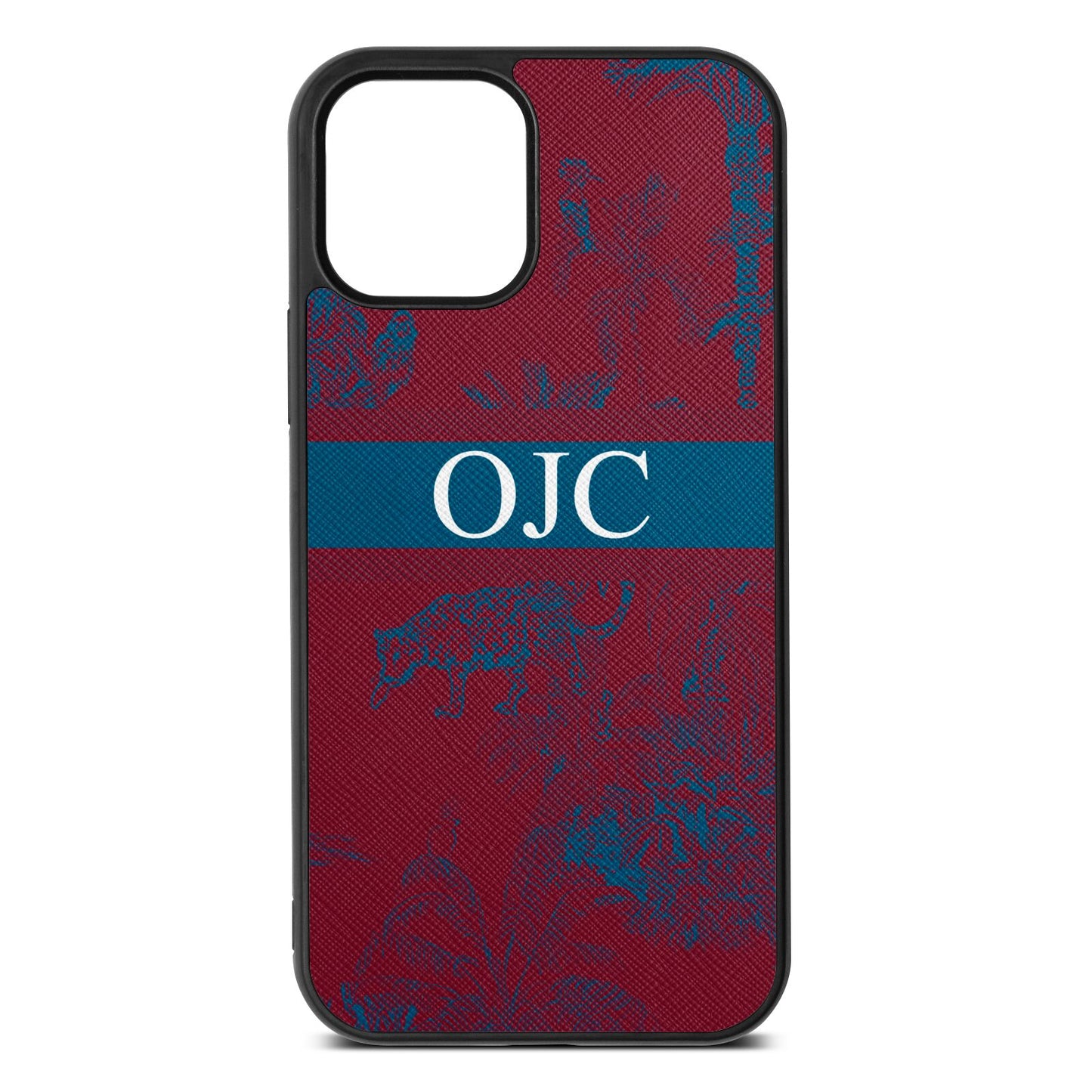 Personalised Tropical Toile Wine Red Saffiano Leather iPhone 12 Case