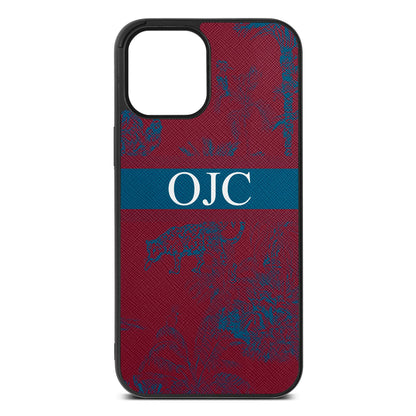 Personalised Tropical Toile Wine Red Saffiano Leather iPhone 12 Pro Max Case