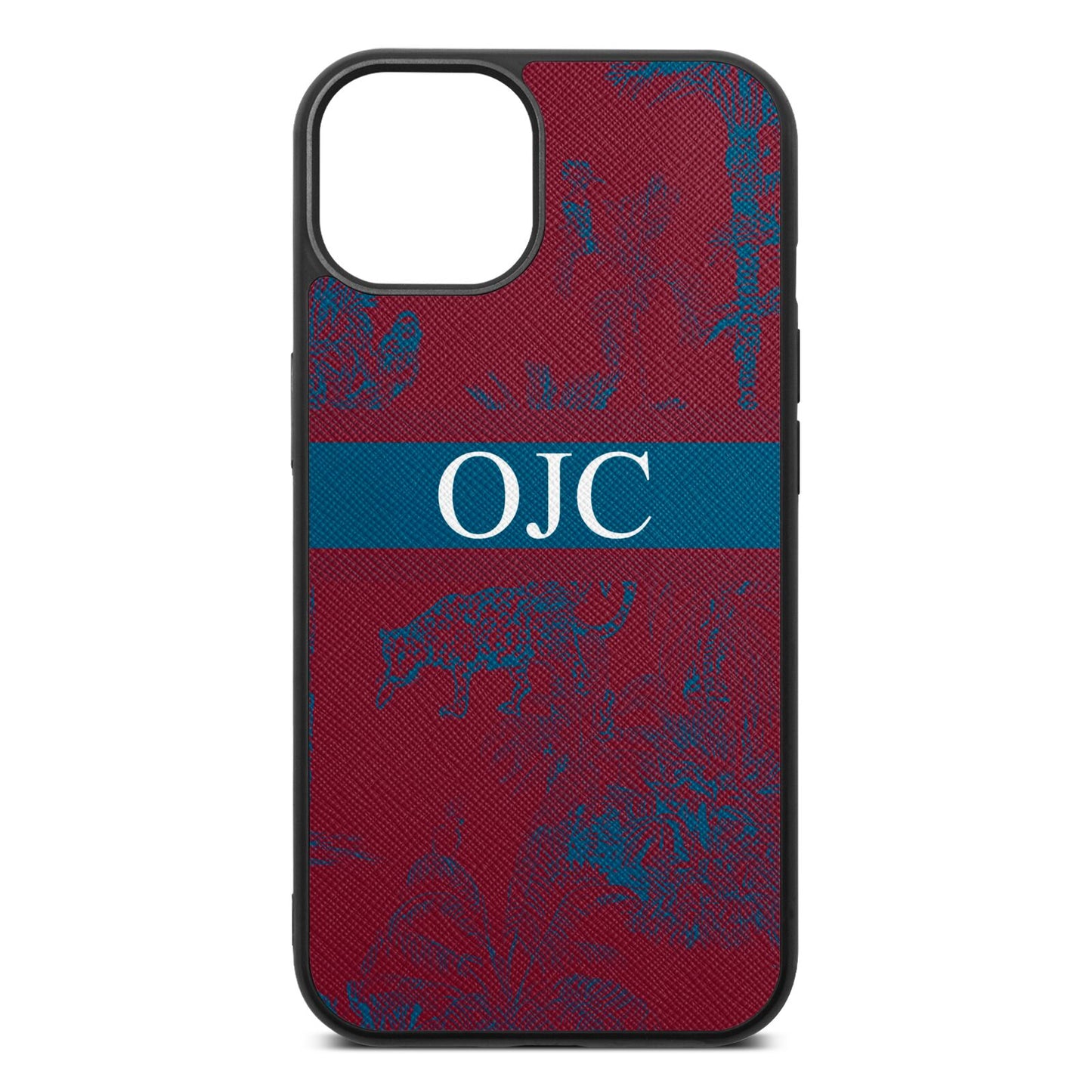 Personalised Tropical Toile Wine Red Saffiano Leather iPhone 13 Case