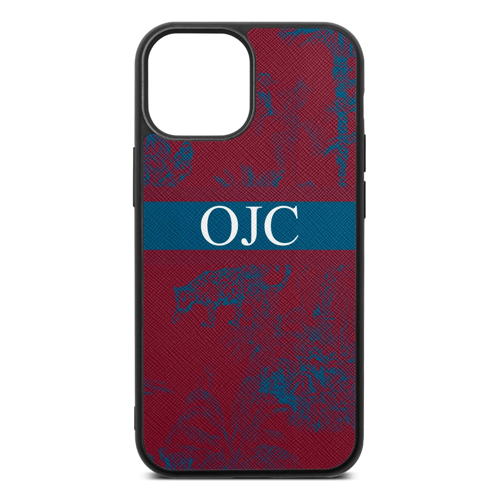 Personalised Tropical Toile Wine Red Saffiano Leather iPhone 13 Mini Case