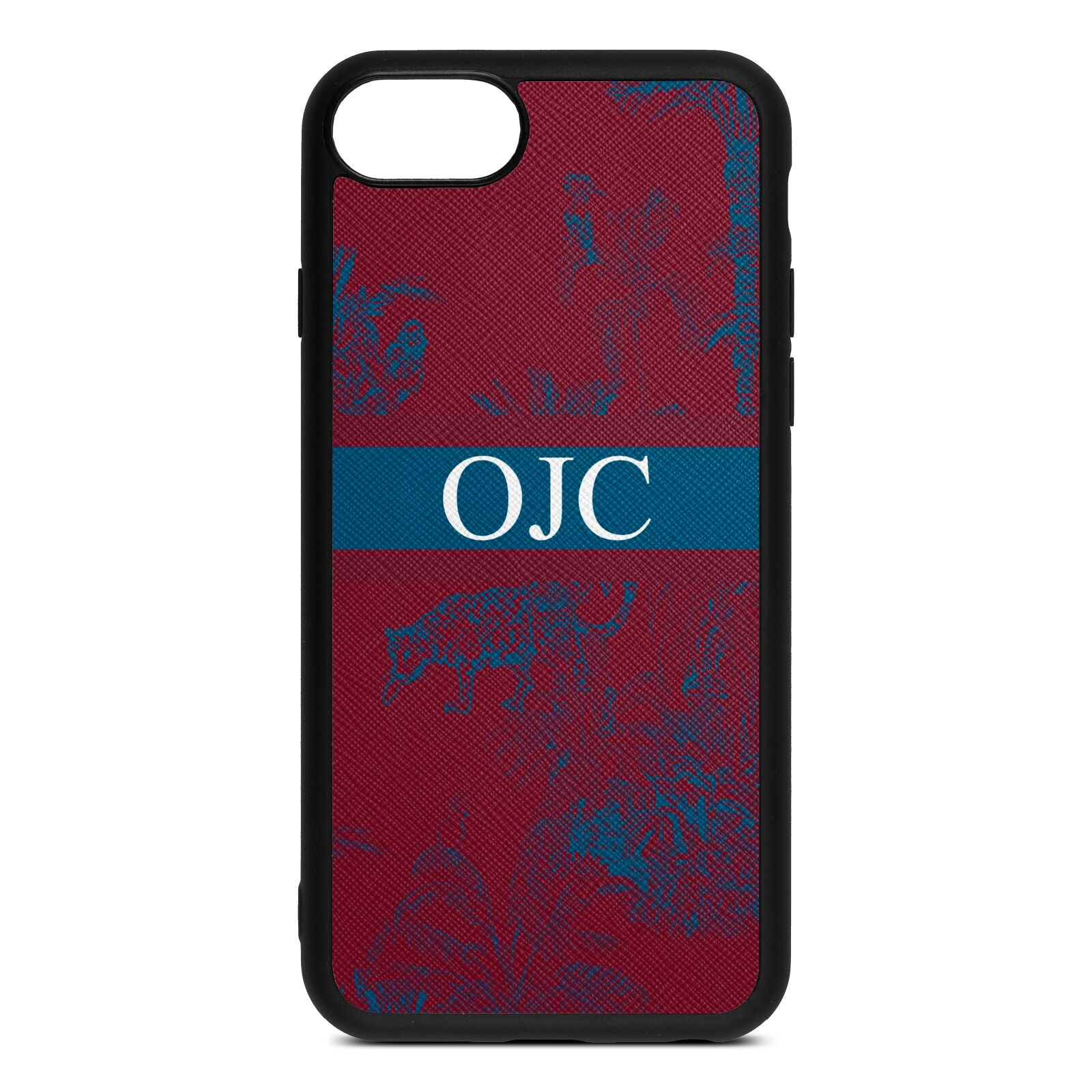 Personalised Tropical Toile Wine Red Saffiano Leather iPhone 8 Case