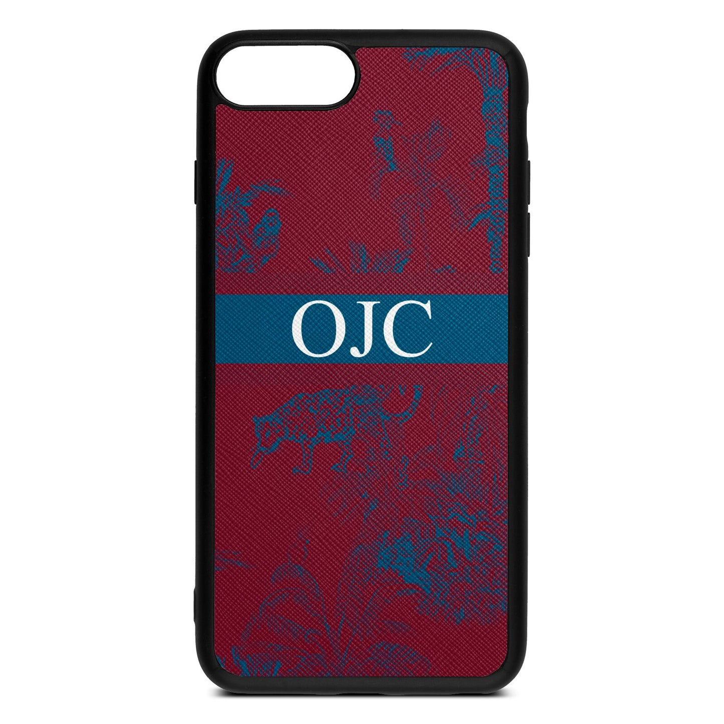 Personalised Tropical Toile Wine Red Saffiano Leather iPhone 8 Plus Case