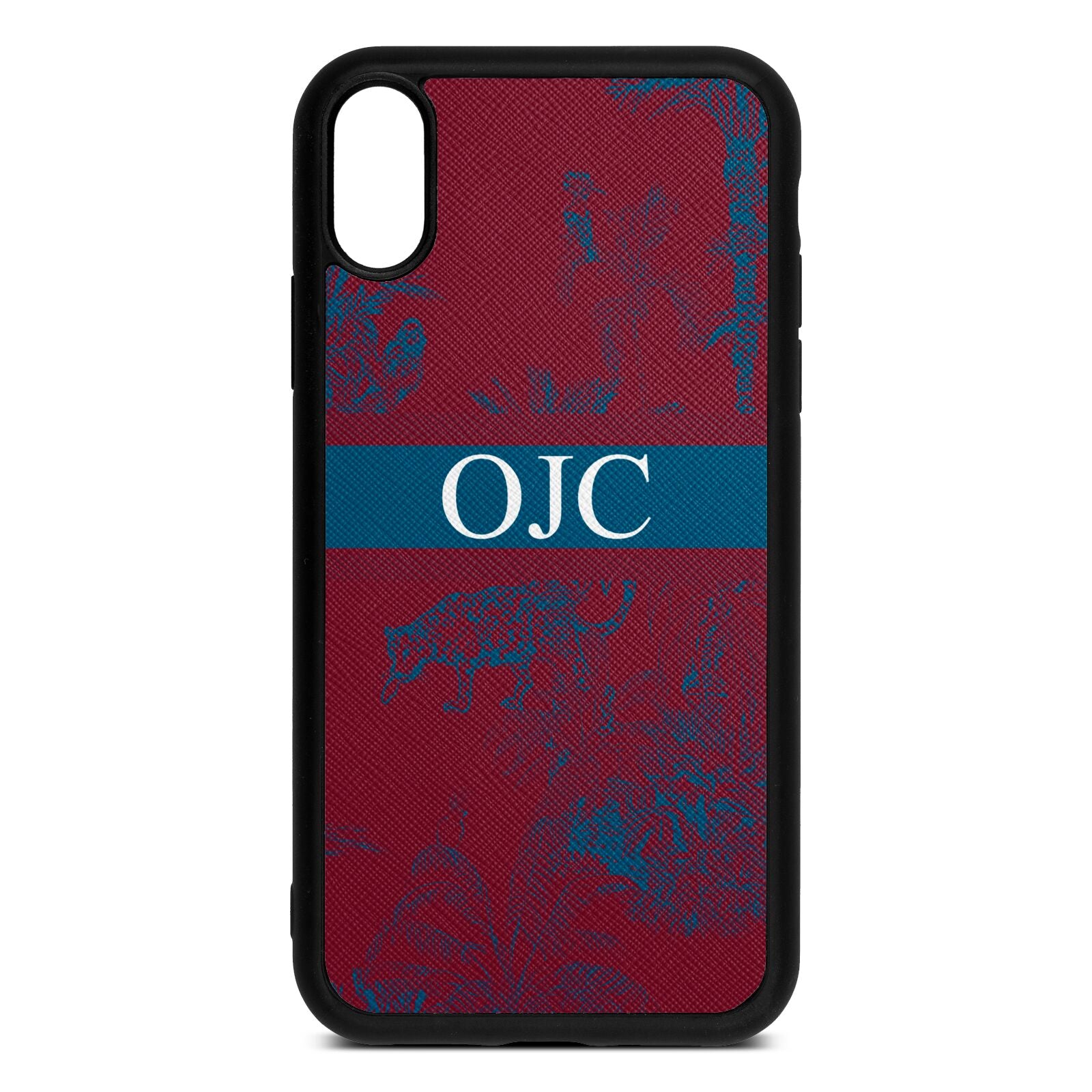 Personalised Tropical Toile Wine Red Saffiano Leather iPhone Xr Case