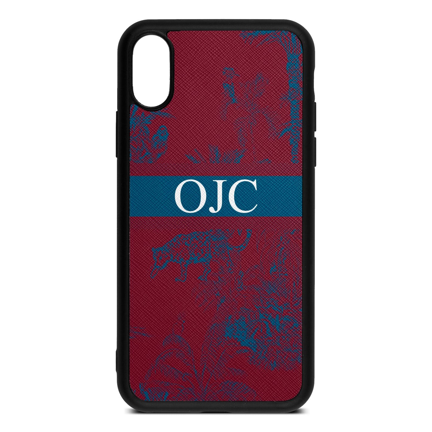 Personalised Tropical Toile Wine Red Saffiano Leather iPhone Xs Case