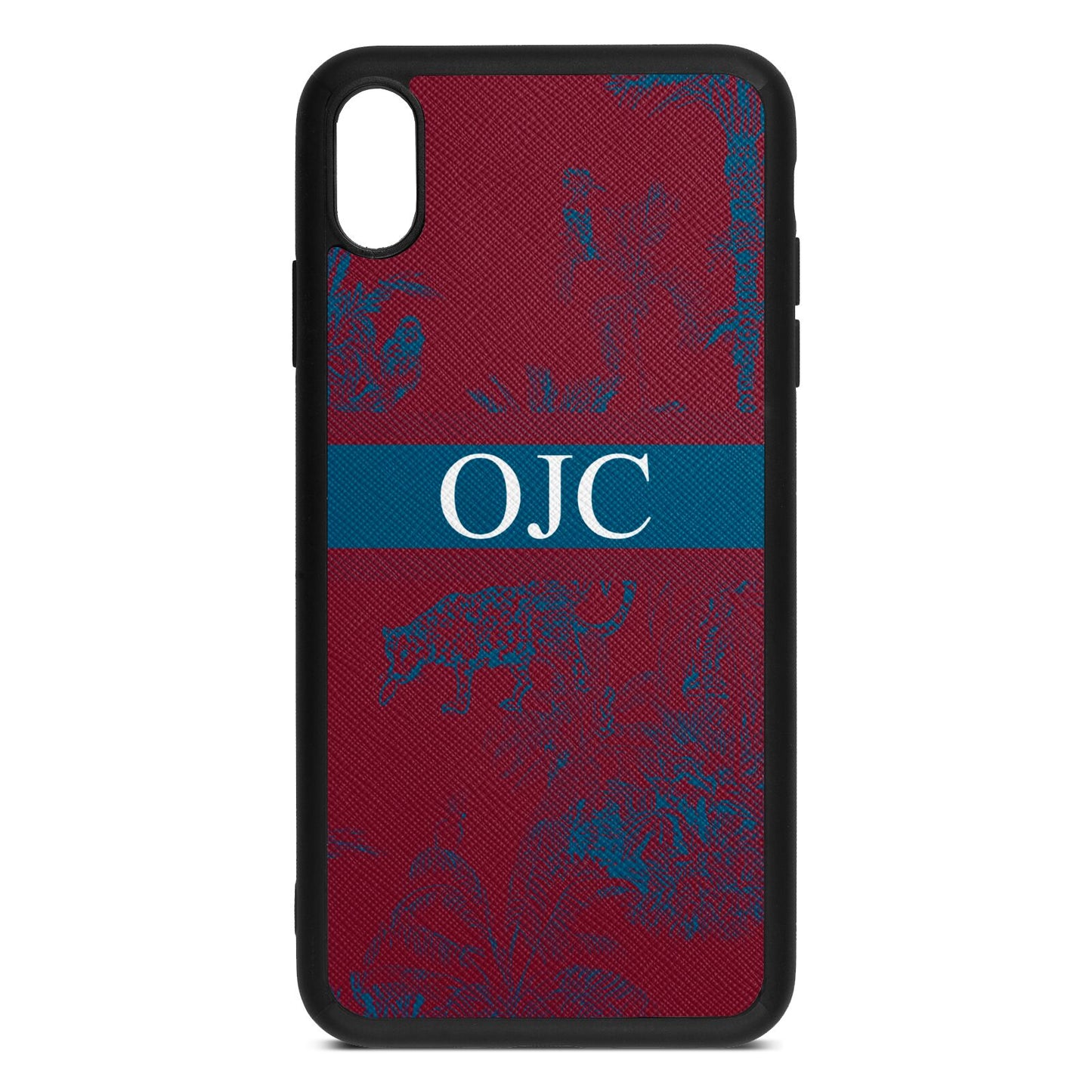 Personalised Tropical Toile Wine Red Saffiano Leather iPhone Xs Max Case