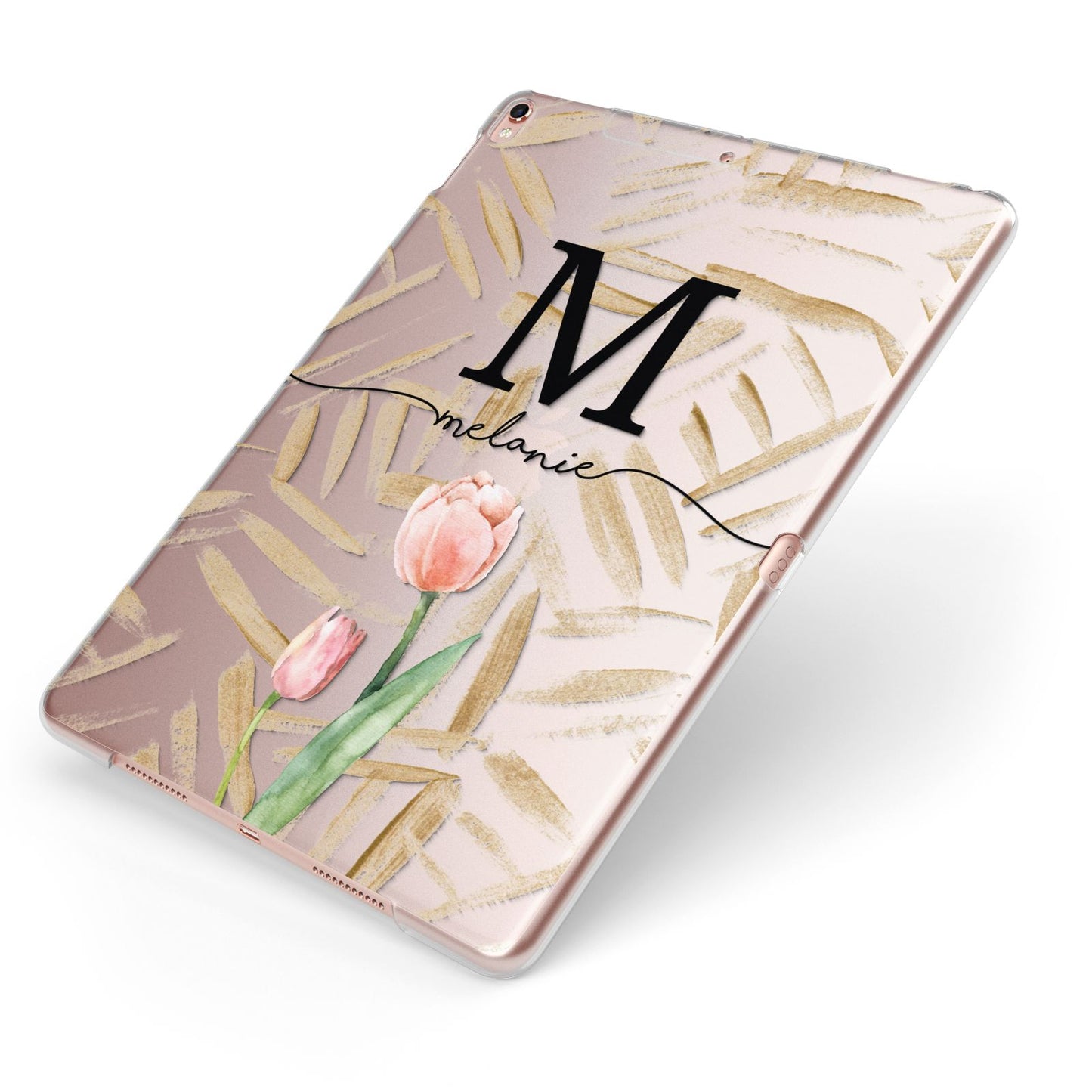 Personalised Tulip Apple iPad Case on Rose Gold iPad Side View