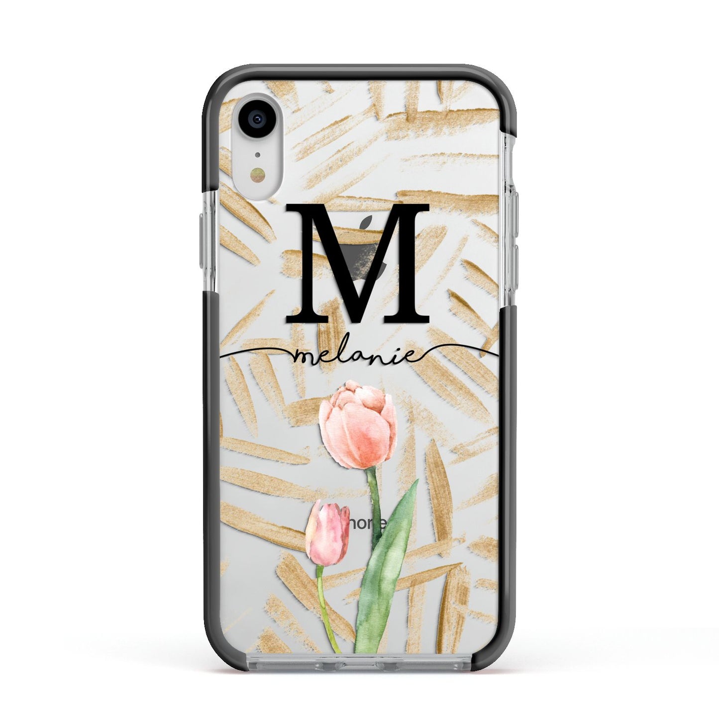 Personalised Tulip Apple iPhone XR Impact Case Black Edge on Silver Phone