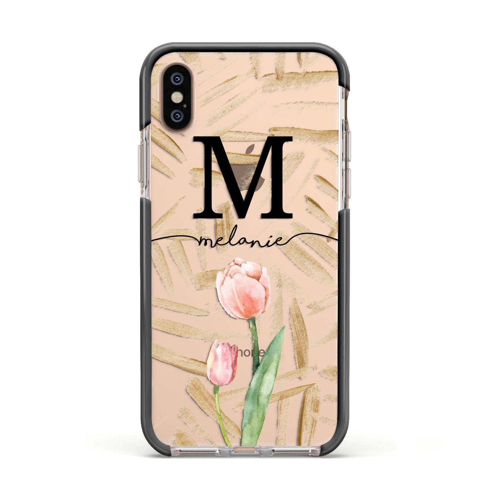 Personalised Tulip Apple iPhone Xs Impact Case Black Edge on Gold Phone