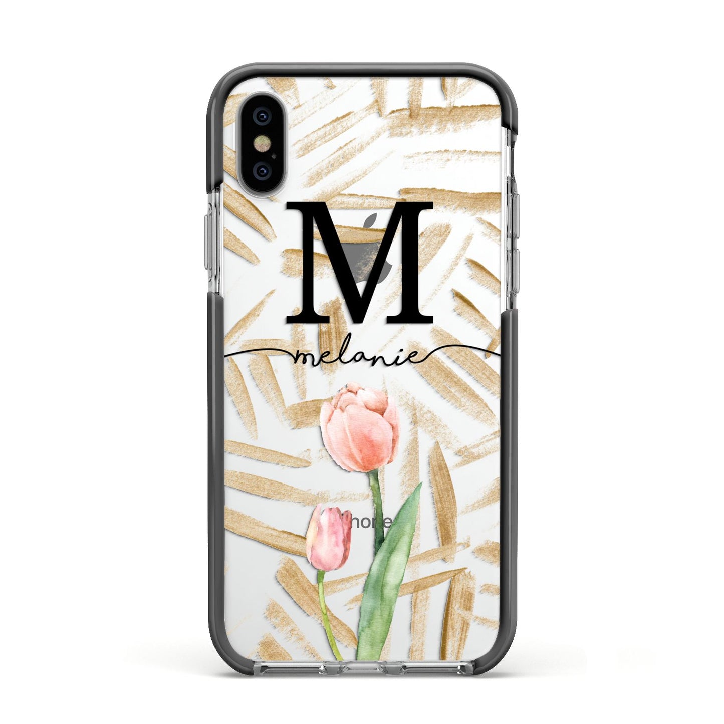 Personalised Tulip Apple iPhone Xs Impact Case Black Edge on Silver Phone