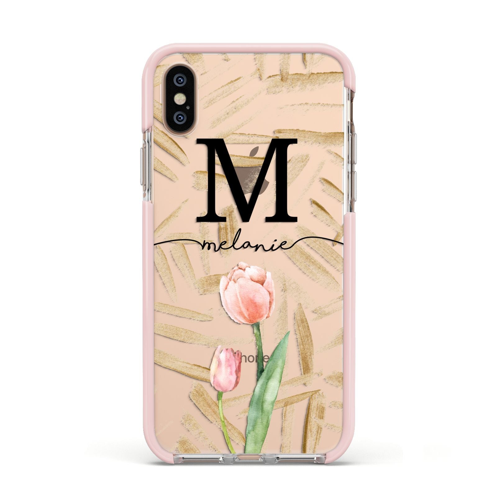 Personalised Tulip Apple iPhone Xs Impact Case Pink Edge on Gold Phone