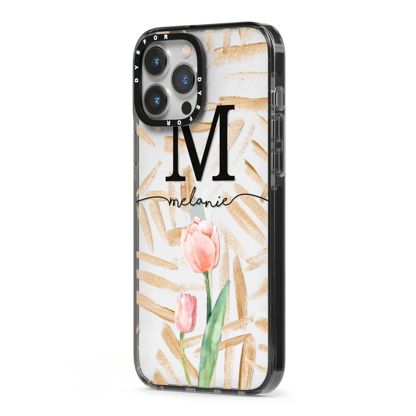 Personalised Tulip iPhone 13 Pro Max Black Impact Case Side Angle on Silver phone