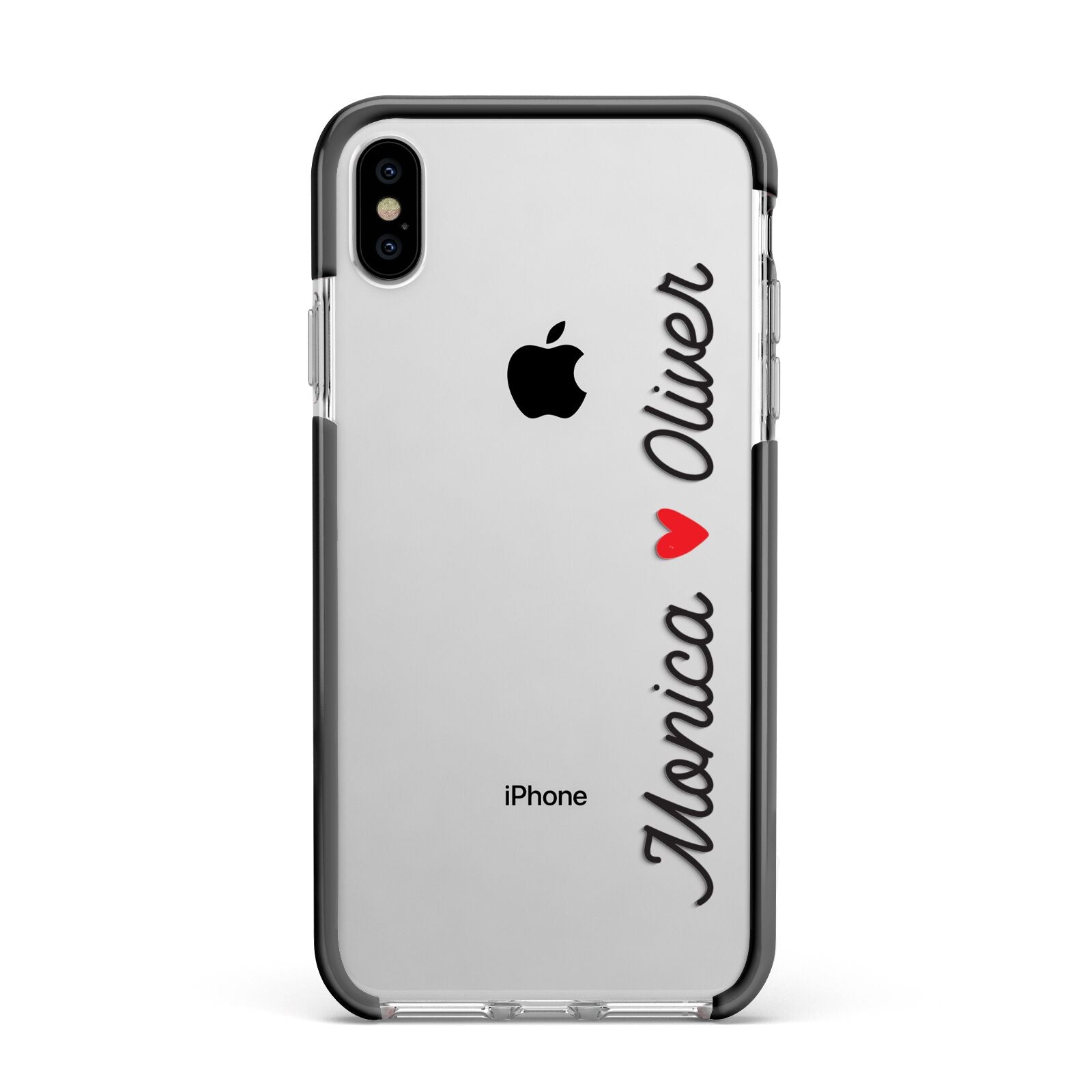 Personalised Two Names Couples Clear Custom Black Apple iPhone Xs Max Impact Case Black Edge on Silver Phone