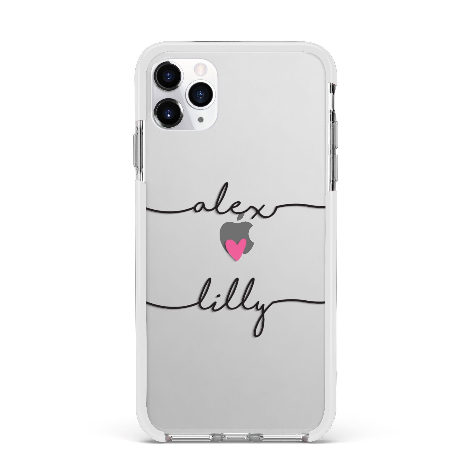 Personalised Two Names For Couples Heart Clear Apple iPhone 11 Pro Max in Silver with White Impact Case