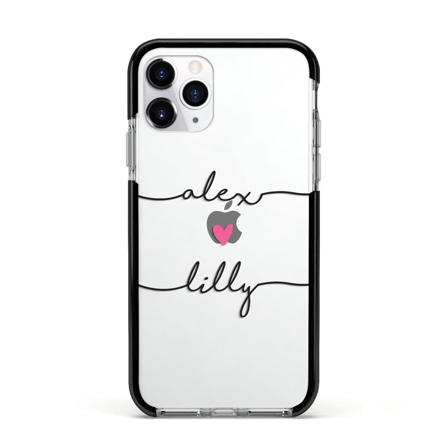 Personalised Two Names For Couples Heart Clear Apple iPhone 11 Pro in Silver with Black Impact Case