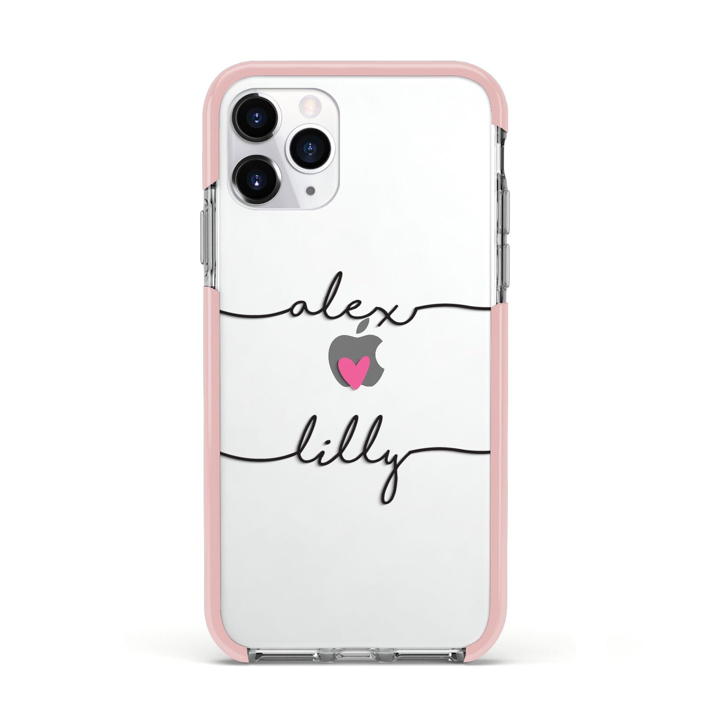 Personalised Two Names For Couples Heart Clear Apple iPhone 11 Pro in Silver with Pink Impact Case