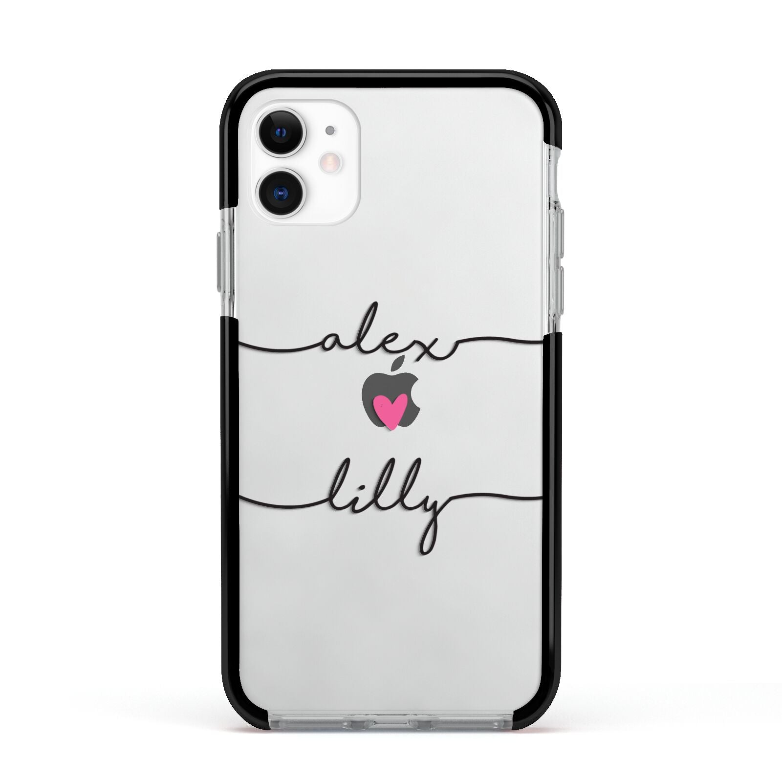 Personalised Two Names For Couples Heart Clear Apple iPhone 11 in White with Black Impact Case