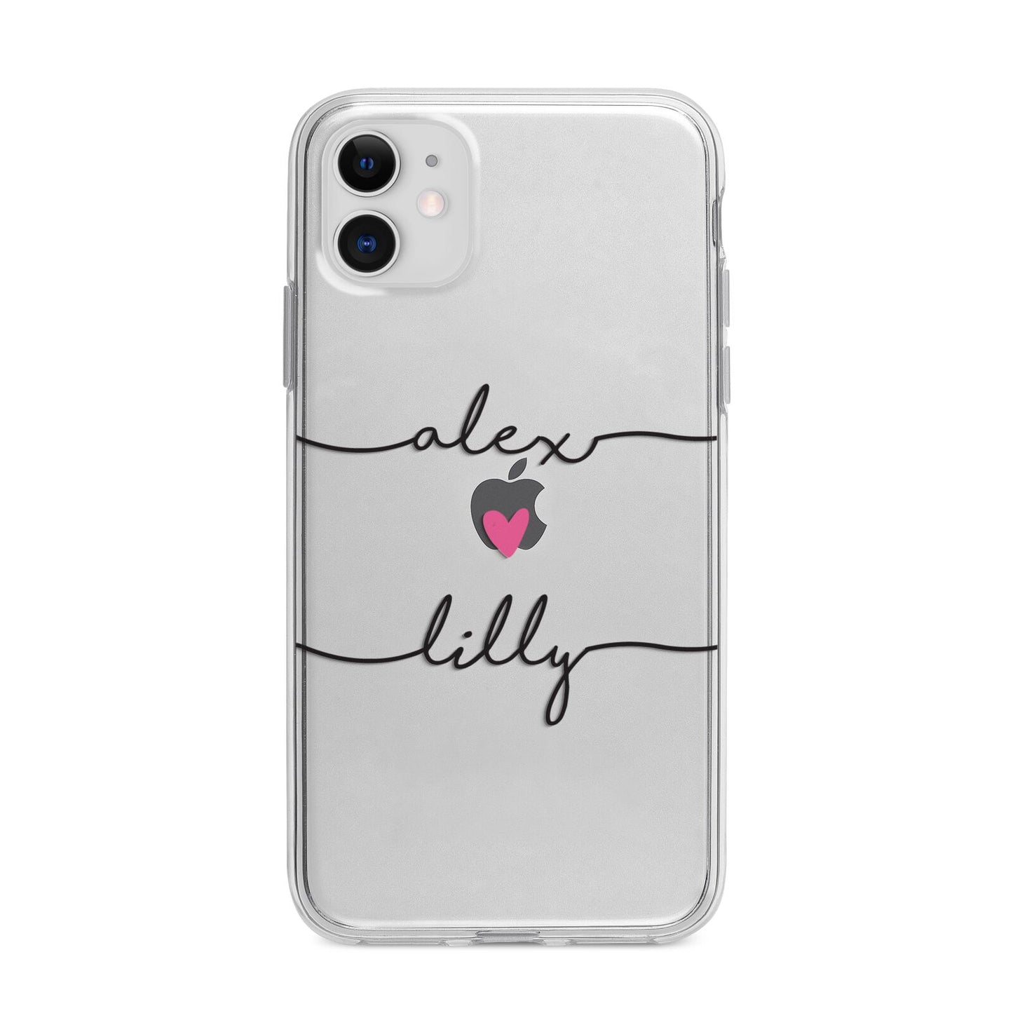 Personalised Two Names For Couples Heart Clear Apple iPhone 11 in White with Bumper Case