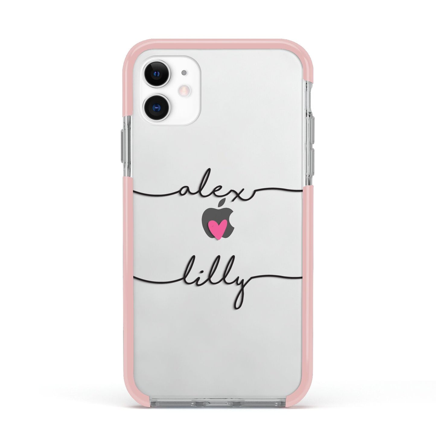 Personalised Two Names For Couples Heart Clear Apple iPhone 11 in White with Pink Impact Case