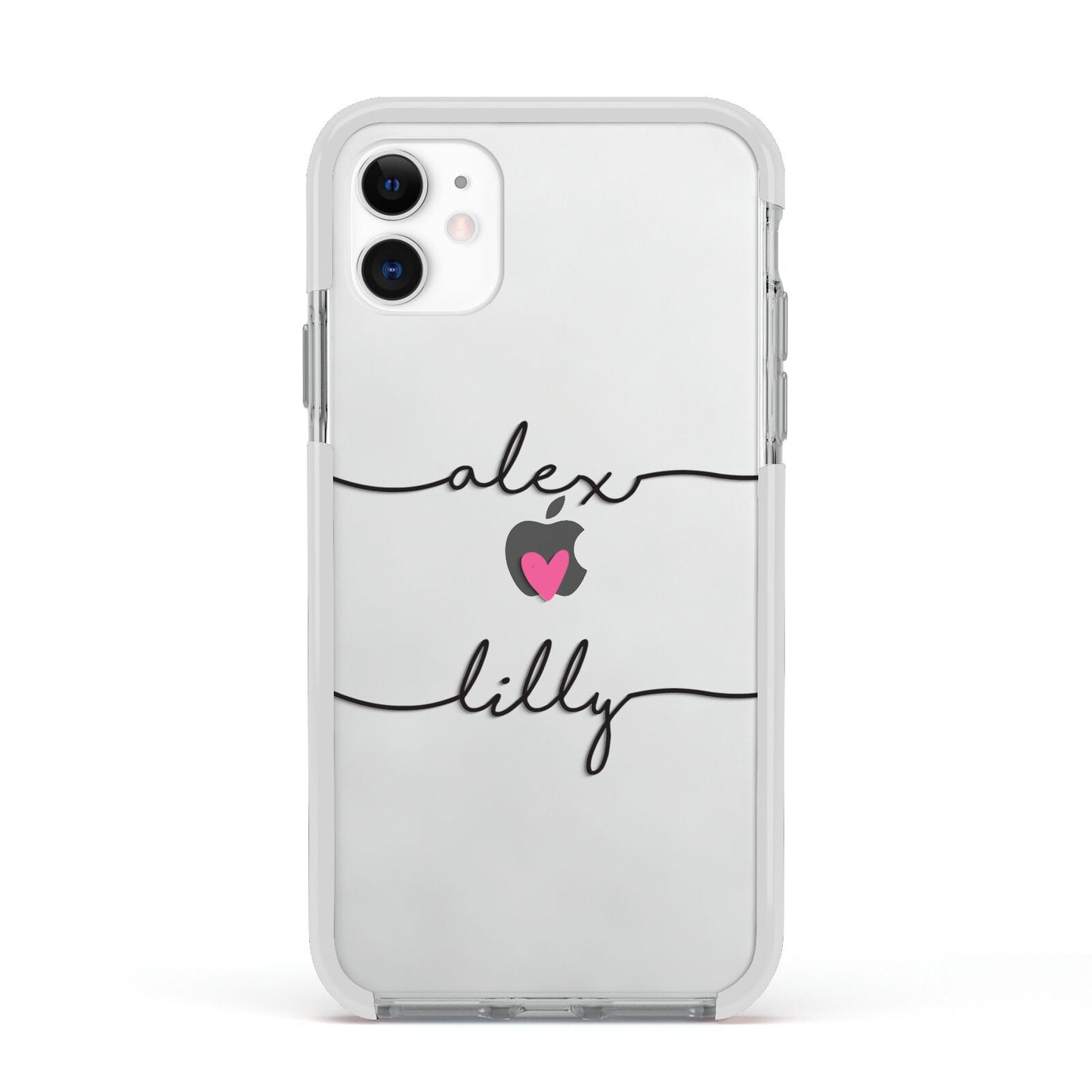 Personalised Two Names For Couples Heart Clear Apple iPhone 11 in White with White Impact Case