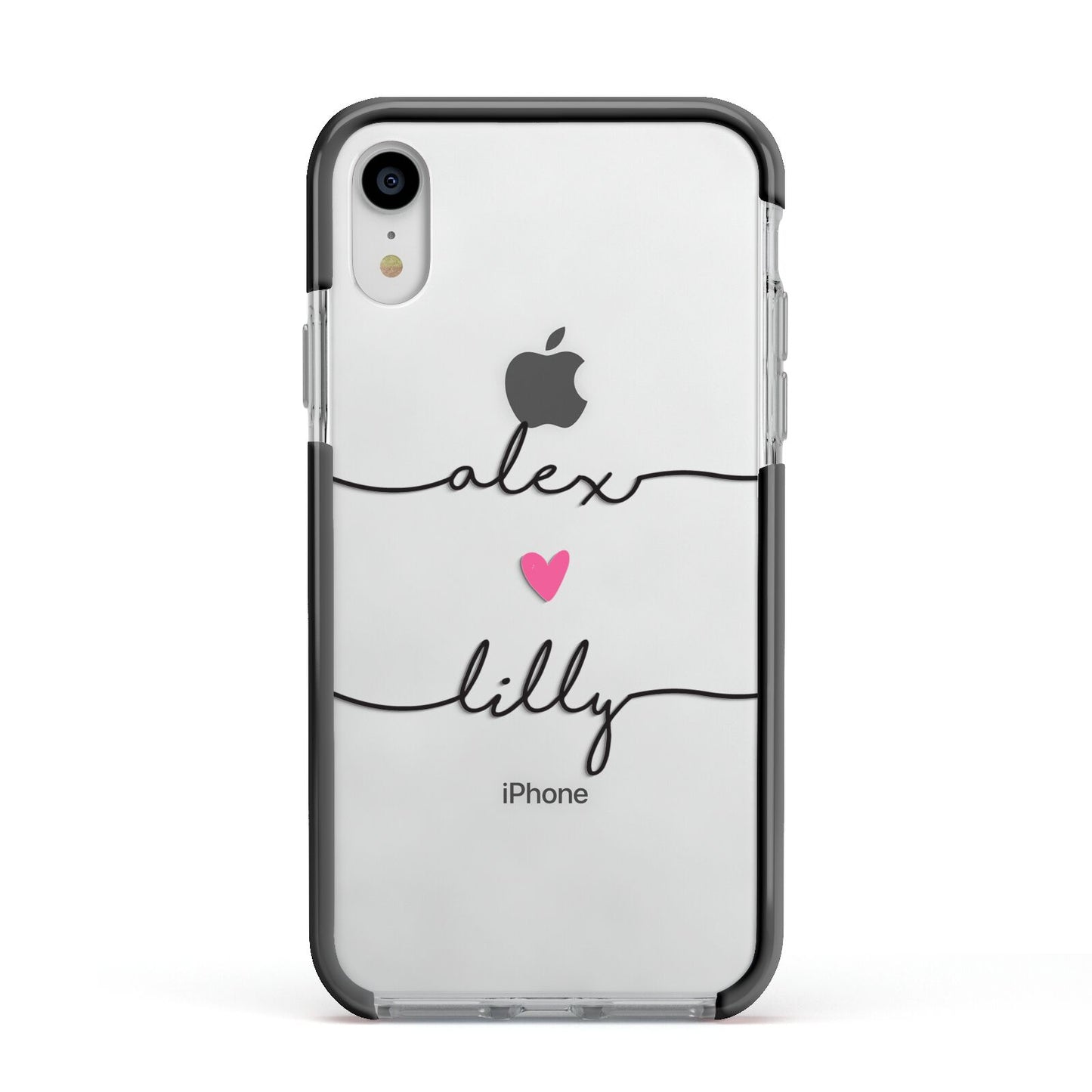 Personalised Two Names For Couples Heart Clear Apple iPhone XR Impact Case Black Edge on Silver Phone