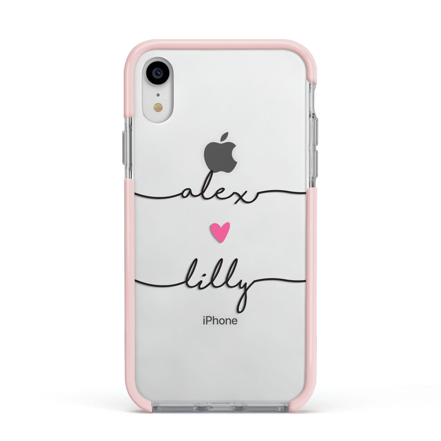 Personalised Two Names For Couples Heart Clear Apple iPhone XR Impact Case Pink Edge on Silver Phone