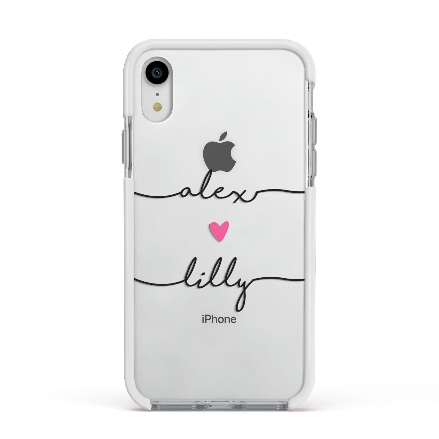 Personalised Two Names For Couples Heart Clear Apple iPhone XR Impact Case White Edge on Silver Phone