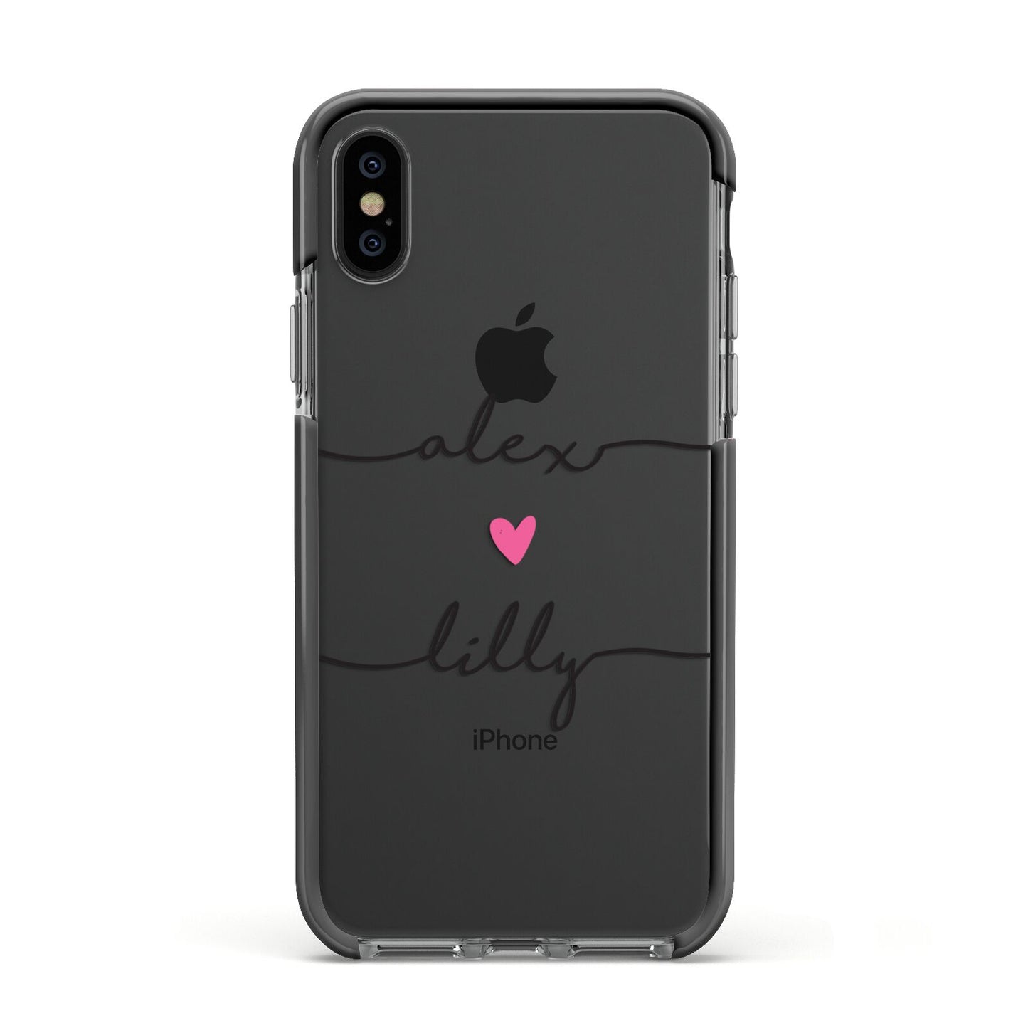 Personalised Two Names For Couples Heart Clear Apple iPhone Xs Impact Case Black Edge on Black Phone