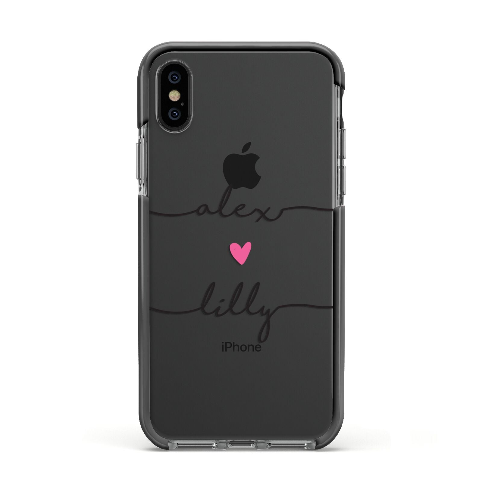 Personalised Two Names For Couples Heart Clear Apple iPhone Xs Impact Case Black Edge on Black Phone