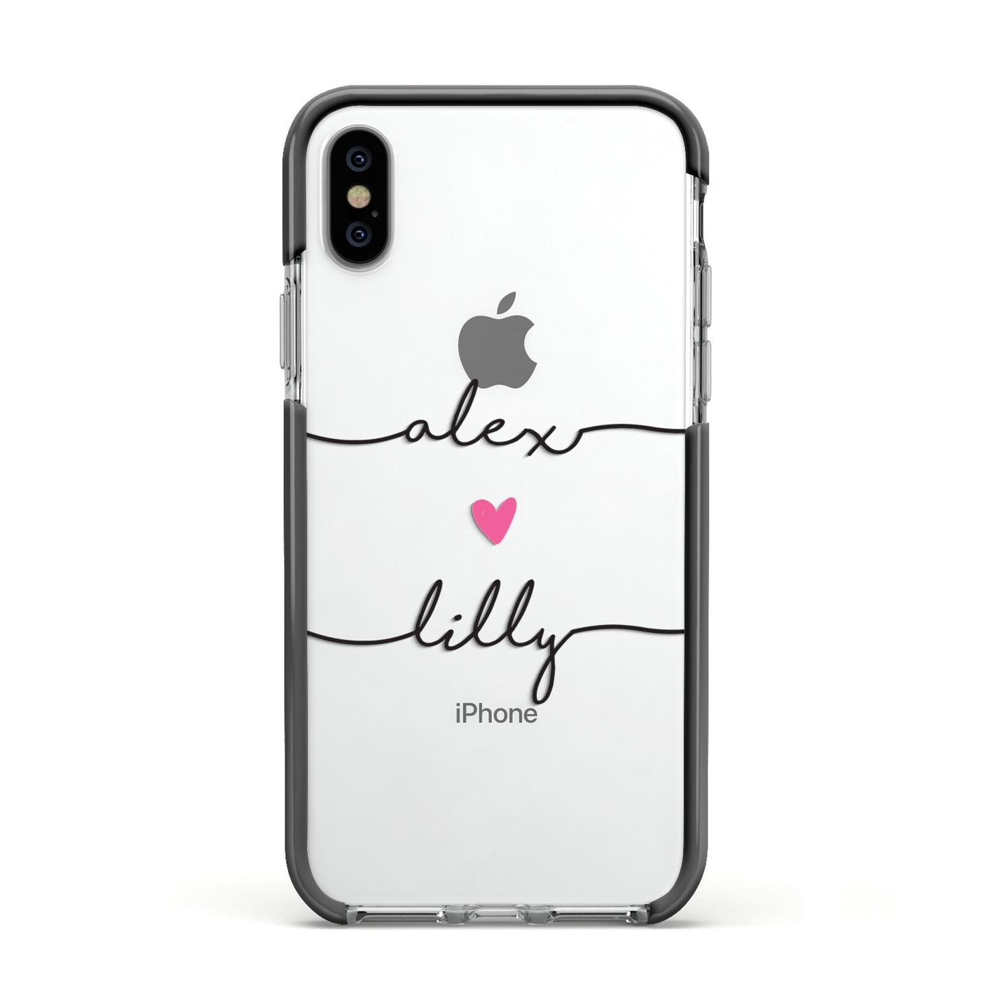 Personalised Two Names For Couples Heart Clear Apple iPhone Xs Impact Case Black Edge on Silver Phone