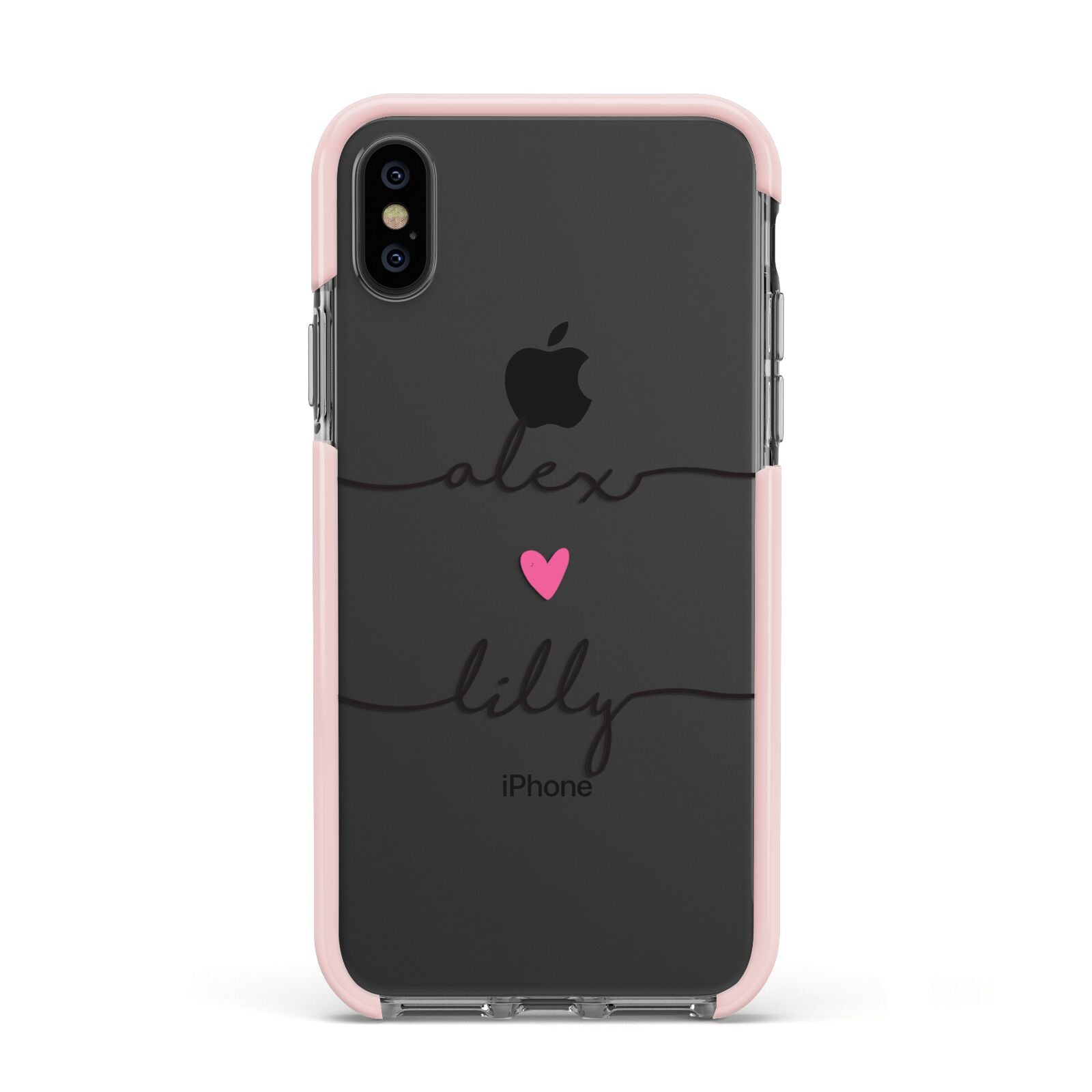 Personalised Two Names For Couples Heart Clear Apple iPhone Xs Impact Case Pink Edge on Black Phone