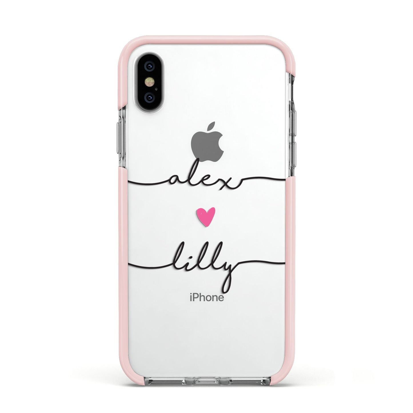 Personalised Two Names For Couples Heart Clear Apple iPhone Xs Impact Case Pink Edge on Silver Phone