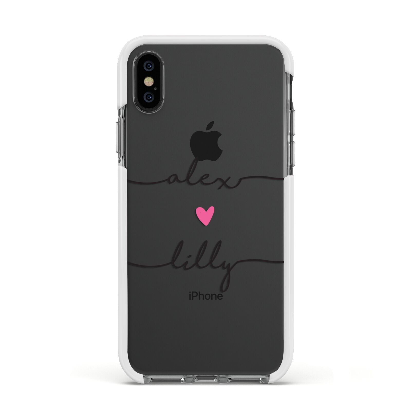 Personalised Two Names For Couples Heart Clear Apple iPhone Xs Impact Case White Edge on Black Phone