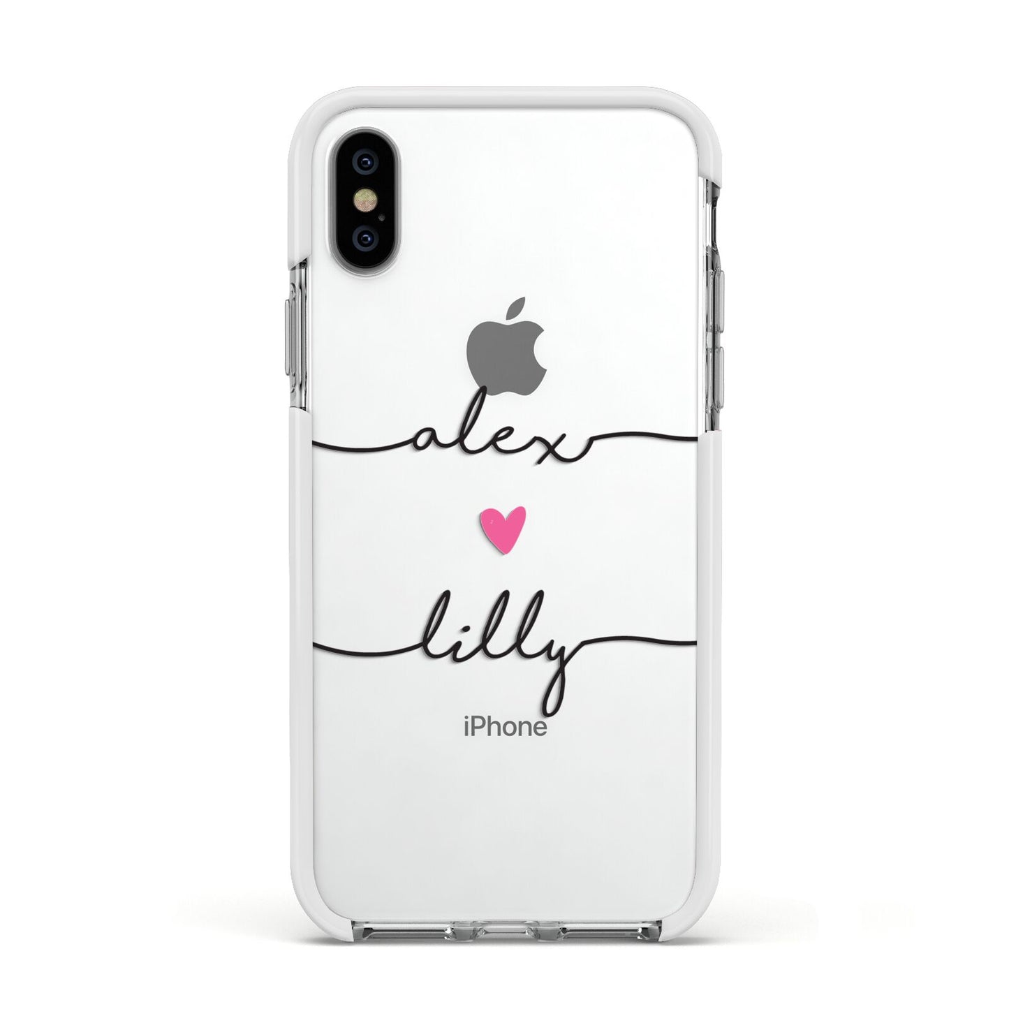 Personalised Two Names For Couples Heart Clear Apple iPhone Xs Impact Case White Edge on Silver Phone