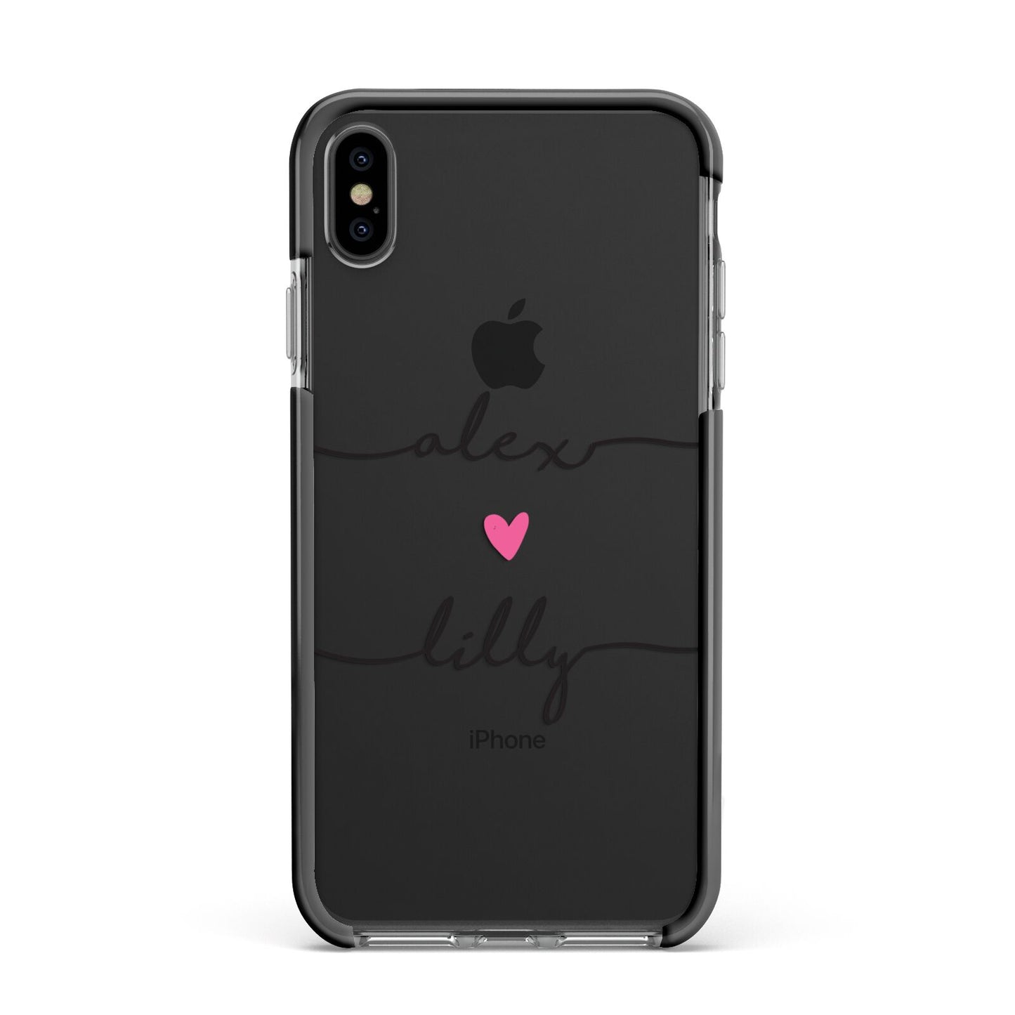 Personalised Two Names For Couples Heart Clear Apple iPhone Xs Max Impact Case Black Edge on Black Phone