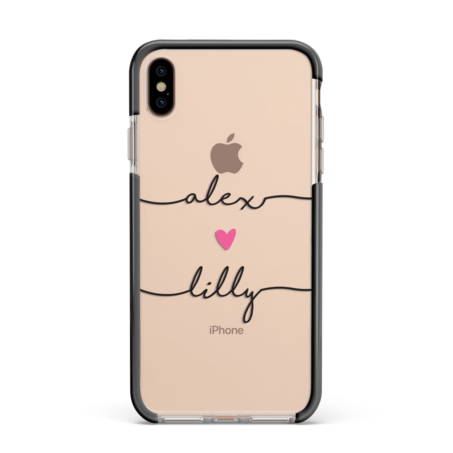 Personalised Two Names For Couples Heart Clear Apple iPhone Xs Max Impact Case Black Edge on Gold Phone