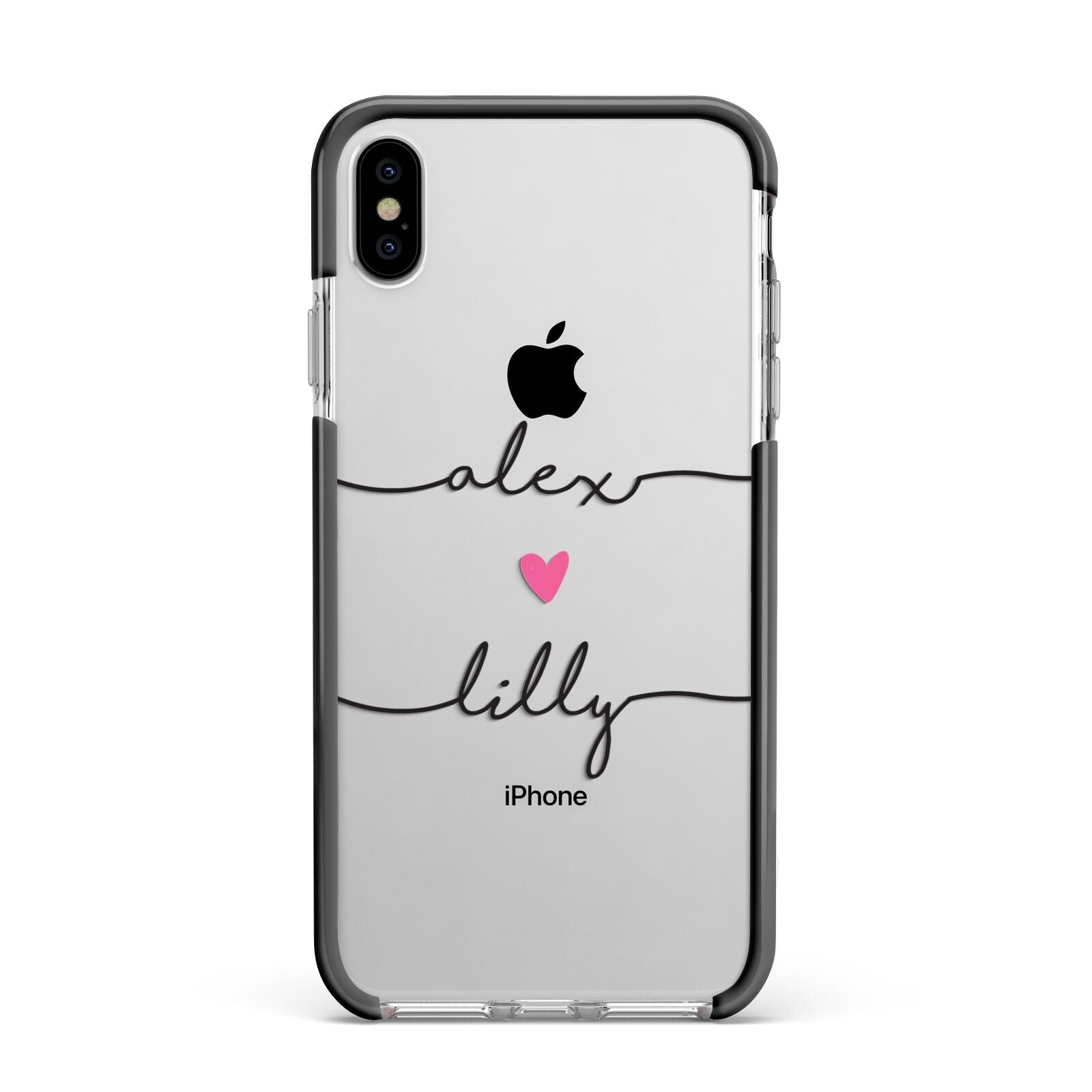 Personalised Two Names For Couples Heart Clear Apple iPhone Xs Max Impact Case Black Edge on Silver Phone