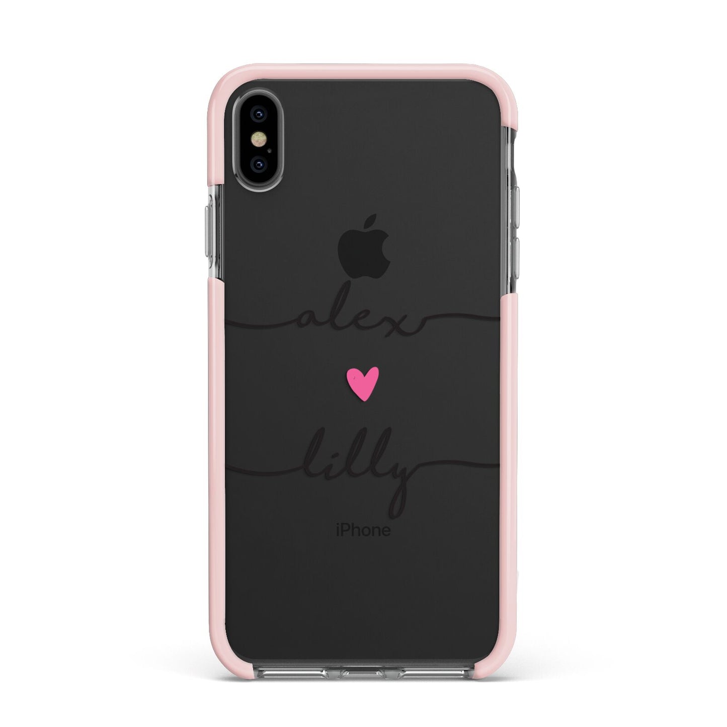 Personalised Two Names For Couples Heart Clear Apple iPhone Xs Max Impact Case Pink Edge on Black Phone