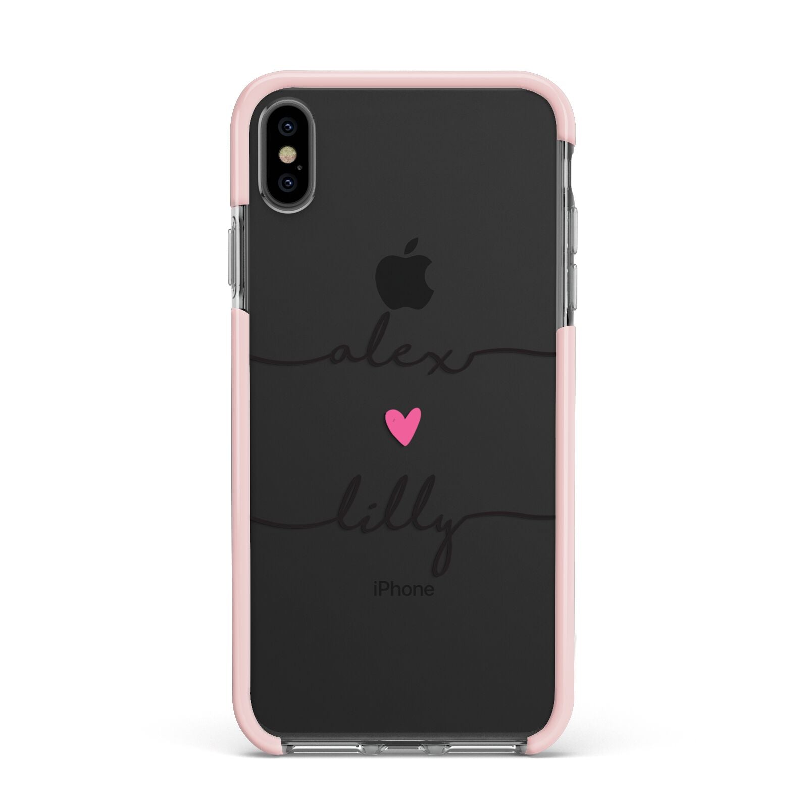 Personalised Two Names For Couples Heart Clear Apple iPhone Xs Max Impact Case Pink Edge on Black Phone