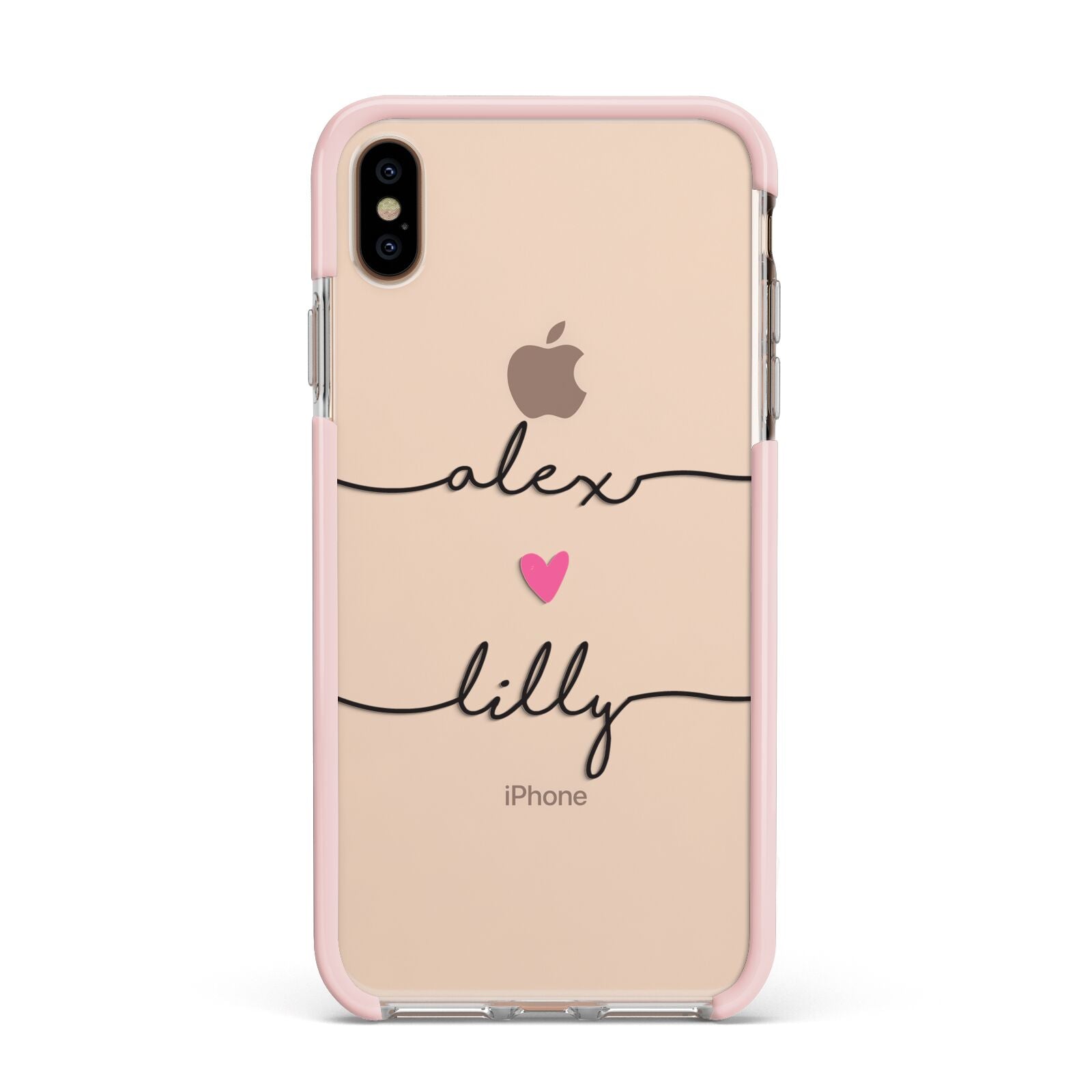 Personalised Two Names For Couples Heart Clear Apple iPhone Xs Max Impact Case Pink Edge on Gold Phone