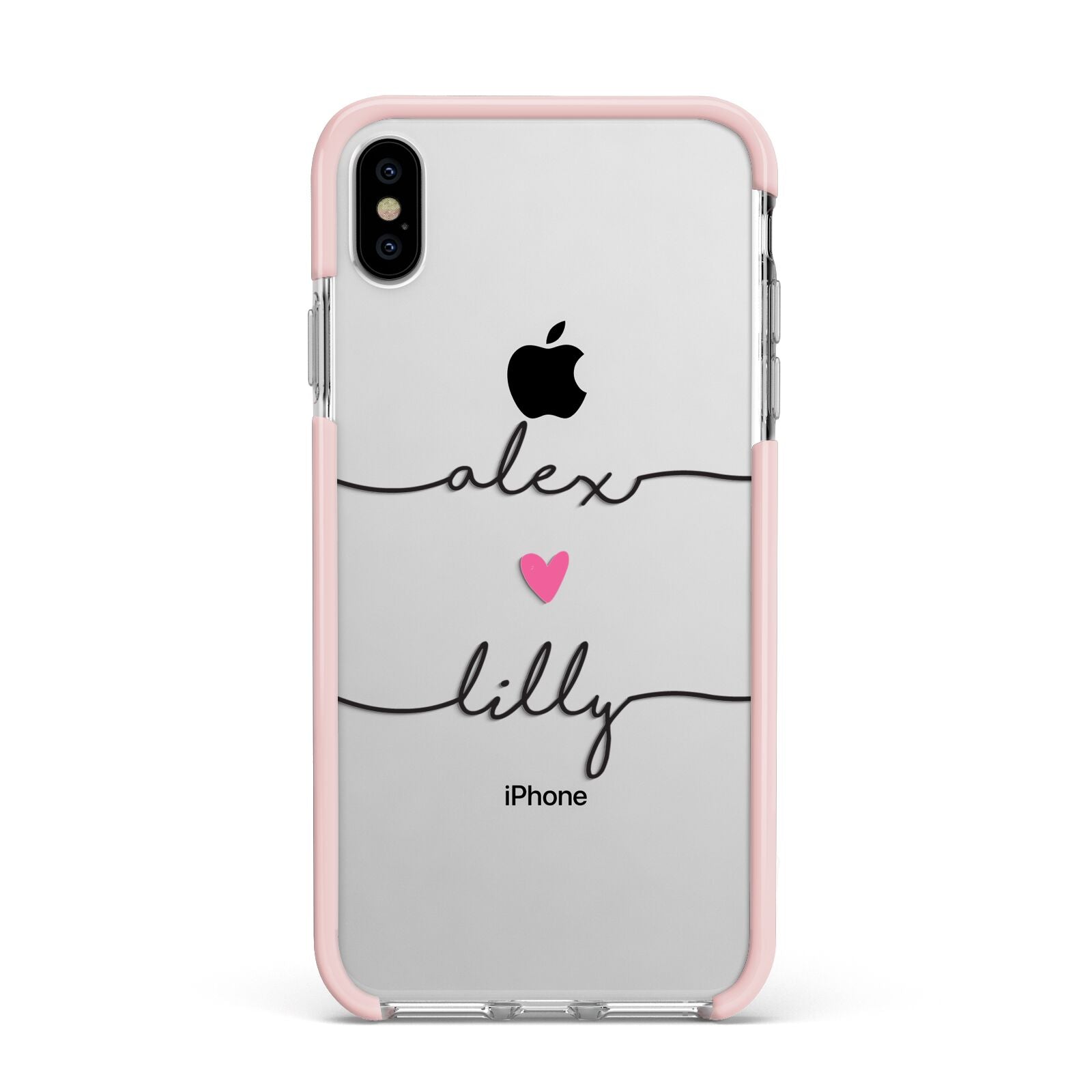 Personalised Two Names For Couples Heart Clear Apple iPhone Xs Max Impact Case Pink Edge on Silver Phone