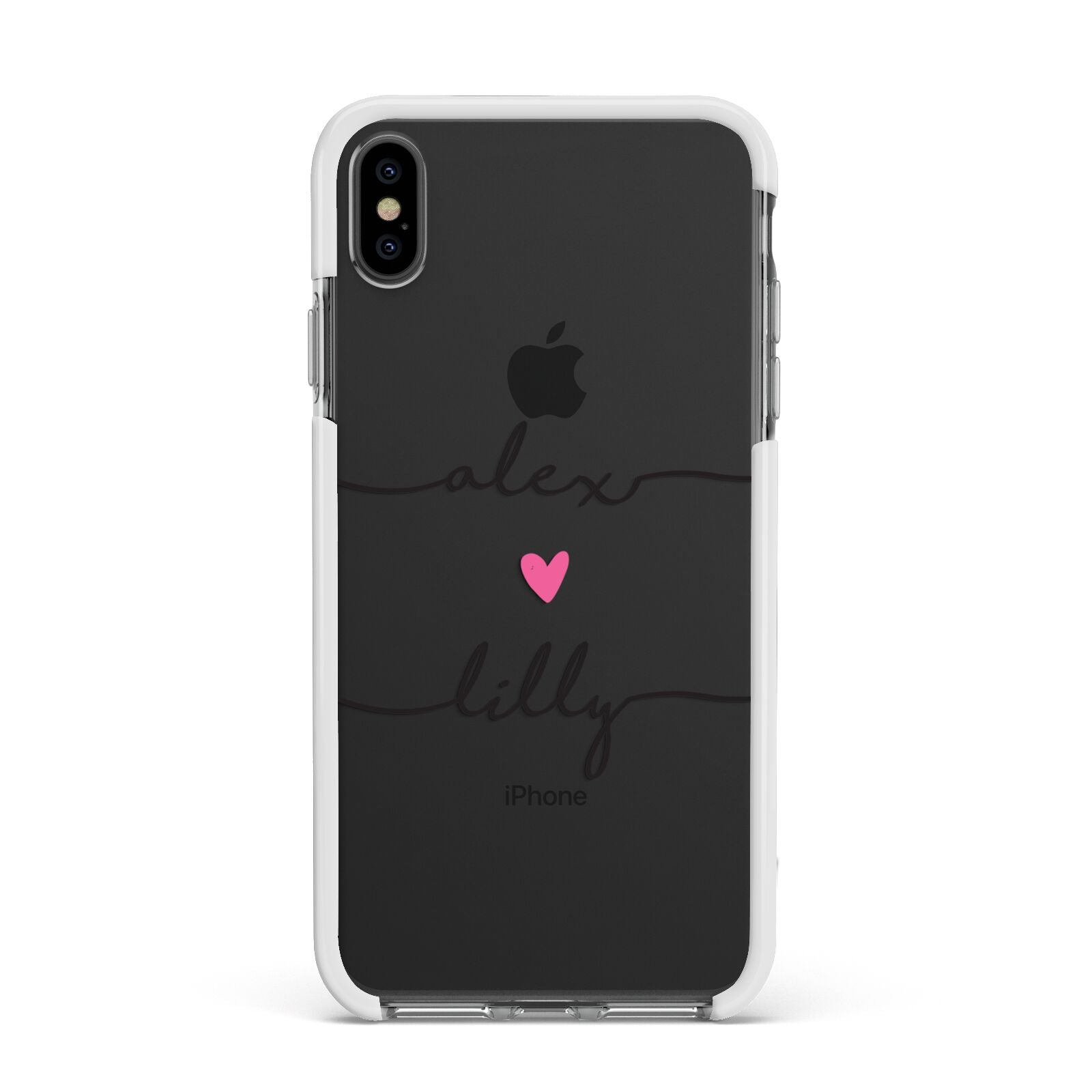 Personalised Two Names For Couples Heart Clear Apple iPhone Xs Max Impact Case White Edge on Black Phone