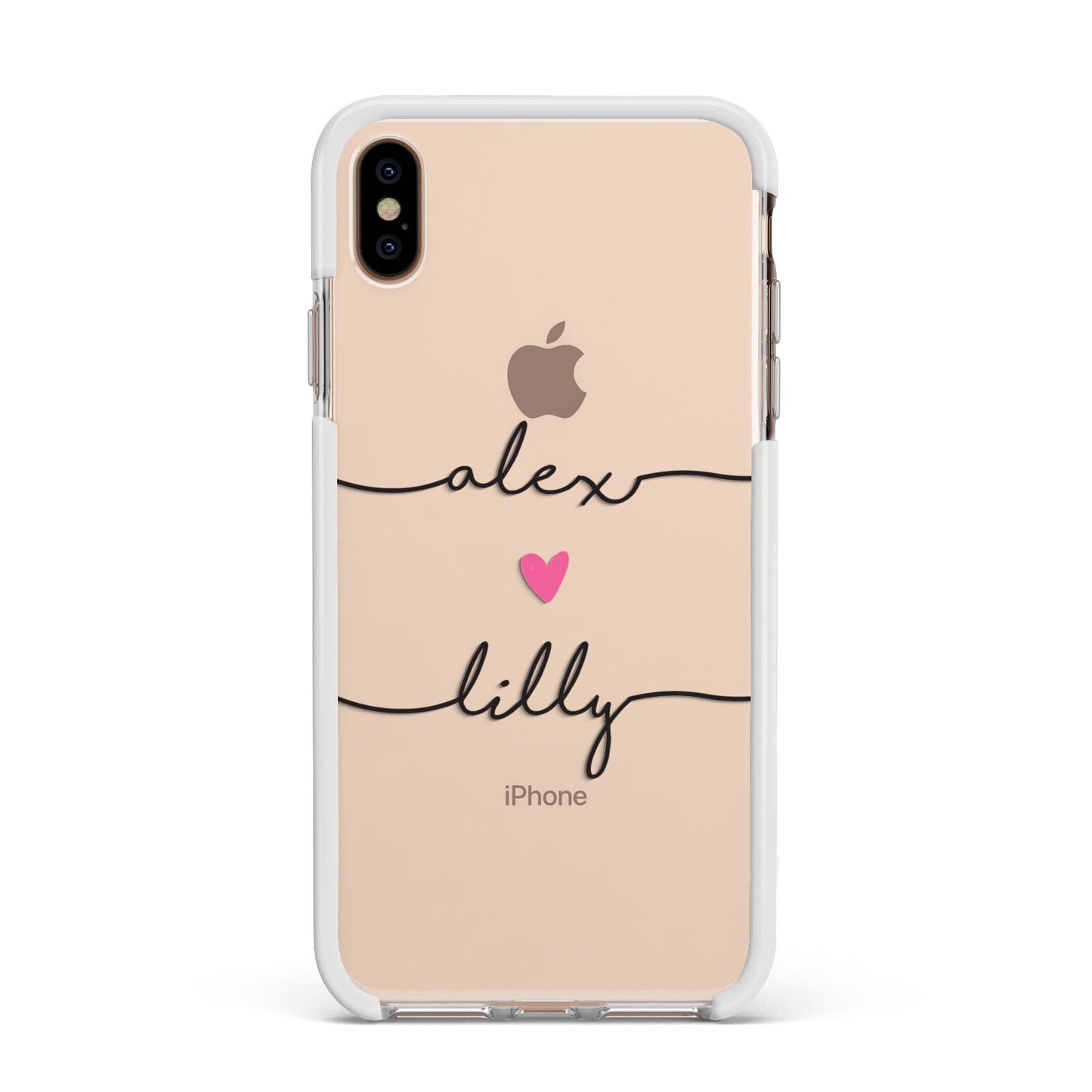 Personalised Two Names For Couples Heart Clear Apple iPhone Xs Max Impact Case White Edge on Gold Phone